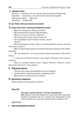292 Усі уроки літературного читання. 2 клас
«Довідкове бюро»
Коваль — людина, яка кує залізо при високій температурі.
Ковадло — підставка, на якій кують металеві вироби.
Прищулив вуха — пригнув.
Власний — особистий.
4	 Гра «Рибки». Мовчазне читання казки учнями
5	 Аналіз змісту казки з елементами вибіркового читання
— Про що попросила Лиска коваля?
— Що відповів їй коваль? Прочитайте.
— Якого ж голосу захотіла Лиска?
— Чи скував їй коваль голос Солов’я?
— Чи сподобався цей голосок татові, мамі?
— Чому?
— Як ви розумієте слова: «Всі, хто пісню Лиски слухав, вклали
зіллячко у вуха»?
— Що ж порекомендував маленькій Лисичці дідуньо Лис? Про-
читайте.
— Як ви вважаєте, чи послухалася дідуся маленька Лисичка?
(Так)
— І тому ми сьогодні почули, яку гарну пісеньку вона нам за-
співала.
— Яка ж головна думка цього твору? (Кожен повинен мати
свій власний голос і свою мову.)
V.	Підсумок уроку
— Чи був наш урок урожайним на нові знання?
— А красивим, організованим, розвивальним?
— Що нового ви дізналися на уроці?
VI.	Домашнє завдання
Намалювати ілюстрацію до казки.
Урок 92
		 Тема. Дива в садочку-зеленочку. Л. Костенко «Бузиновий цар»
		 Мета: формувати в учнів уміння сприймати зміст твору, визначати його головну думку;
працювати над введенням нових слів у мовлення учнів; удосконалювати читацькі
навички; розвивати увагу, творчу уяву; виховувати любов до художнього слова.
Хід уроку
I.	 Організаційний момент
 