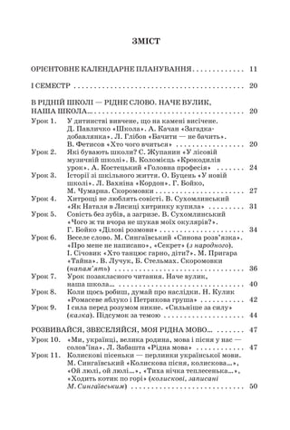 3
Зміст
Орієнтовне календарне планування . . . . . . . . . . . . 	 11
I семестр . . . . . . . . . . . . . . . . . . . . . . . . . . . . . . . . . . . . . . . . . . 	 20
В рідній школі — рідне слово. Наче вулик,
наша школа…  . . . . . . . . . . . . . . . . . . . . . . . . . . . . . . . . . . . . 	 20
Урок 1.	 У дитинстві вивчене, що на камені висічене.
Д. Павличко «Школа». А. Качан «Загадка-
добавлянка». Л. Глібов «Бачити — не бачить».
В. Фетисов «Хто чого вчиться»  . . . . . . . . . . . . . . . . . 	 20
Урок 2.	 Які бувають школи? С. Жупанин «У лісовій
музичній школі». В. Коломієць «Крокодилів
урок». А. Костецький «Головна професія»  . . . . . . . 	 24
Урок 3.	 Історії зі шкільного життя. О. Буцень «У новій
школі». Л. Вахніна «Кордон». Г. Бойко,
М. Чумарна. Скоромовки  . . . . . . . . . . . . . . . . . . . . . 	 27
Урок 4.	 Хитрощі не люблять совісті. В. Сухомлинський
«Як Наталя в Лисиці хитринку купила»  . . . . . . . . . 	 31
Урок 5.	 Совість без зубів, а загризе. В. Сухомлинський
«Чого ж ти вчора не шукав моїх окулярів?».
Г. Бойко «Ділові розмови»  . . . . . . . . . . . . . . . . . . . . 	 34
Урок 6.	 Веселе слово. М. Сингаївський «Синова розв’язка».
«Про мене не написано», «Секрет» (з народного).
І. Січовик «Хто танцює гарно, діти?». М. Пригара
«Тайна». В. Лучук, Б. Стельмах. Скоромовки
(напам’ять)  . . . . . . . . . . . . . . . . . . . . . . . . . . . . . . . . 	 36
Урок 7.	 Урок позакласного читання. Наче вулик,
наша школа…  . . . . . . . . . . . . . . . . . . . . . . . . . . . . . . . 	 40
Урок 8.	 Коли щось робиш, думай про наслідки. Н. Кулик
«Ромасеве яблуко і Петрикова груша»  . . . . . . . . . . 	 42
Урок 9.	 І сила перед розумом никне. «Сильніше за силу»
(казка). Підсумок за темою  . . . . . . . . . . . . . . . . . . . 	 44
Розвивайся, звеселяйся, моя рідна мово…  . . . . . . . 	 47
Урок 10.	 «Ми, українці, велика родина, мова і пісня у нас —
солов’їна». Л. Забашта «Рідна мова»  . . . . . . . . . . . . 	 47
Урок 11.	 Колискові пісеньки — перлинки української мови.
М. Сингаївський «Колискова пісня, колискова…»,
«Ой люлі, ой люлі…», «Тиха нічка теплесенька…»,
«Ходить котик по горі» (колискові, записані
М. Сингаївським)  . . . . . . . . . . . . . . . . . . . . . . . . . . . . 	 50
 
