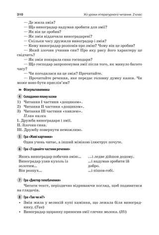 310 Усі уроки літературного читання. 2 клас
— Де жила змія?
— Що виноградар надумав зробити для змії?
— Як він це зробив?
— Як змія віддячила виноградареві?
— Скільки часу дружили виноградар і змія?
— Кому виноградар розповів про змію? Чому він це зробив?
— Який злочин учинив син? Про яку рису його характеру це
свідчить?
— Як змія покарала сина господаря?
— Що господар запропонував змії після того, як минуло багато
часу?
— Чи погодилася на це змія? Прочитайте.
— Прочитайте речення, яке передає головну думку казки. Чи
може воно бути прислів’ям?
Фізкультхвилинка
4	 Складання плану казки
1)	Читання I частини «дощиком».
2)	Читання II частини «дощиком».
3)	Читання III частини «хвилею».
План казки
I. Дружба виноградаря і змії.
II. Злочин сина.
III. Дружбу повернути неможливо.
5	 Гра «Живі картинки»
Один учень читає, а інший мімікою ілюструє почуте.
6	 Гра «З’єднайте частини речення»
Якось виноградар побачив змію…
Виноградар узяв кухоль із
золотим…
Він розпух…
...і ледве дійшов додому.
…і надумав зробити їй
добро.
…і пішов собі.
7	 Гра «Диктор телебачення»
Читати текст, періодично відриваючи погляд, щоб подивитися
на глядачів.
8	 Гра «Так чи ні?»
•	 Змія жила у великій купі каміння, що лежала біля виноград-
нику. (Так)
•	 Виноградар щоранку приносив змії глечик молока. (Ні)
 