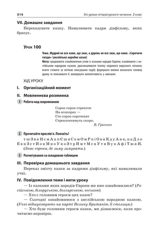 314 Усі уроки літературного читання. 2 клас
VII. Домашнє завдання
Переказувати казку. Намалювати кадри діафільму, яких
бракує.
Урок 100
		 Тема. Мудрий не все каже, що знає, а дурень не все знає, що каже. «Сорочаче
гніздо» (англійська народна казка)
		 Мета: продовжити ознайомлення учнів із казками народів Європи; ознайомити з ан-
глійською народною казкою; удосконалювати техніку свідомого виразного читання;
вчити стежити за логікою описування подій; формувати вміння визначати головну
думку та пояснювати її; виховувати наполегливість у навчанні.
Хід уроку
I.	 Організаційний момент
II.	Мовленнєва розминка
1	 Робота над скоромовкою
Сорок сорок стрекоче
На осокорах —
Сто сорок сороченят
Стрекотатимуть скоро.
В. Гринько
2	 Прочитайте прислів’я. Поясніть!
т ш З в к Н с м А к п Є ш в С о м О м Р п і О в н К д у А н к, п а Д л о
Е в н З с т И о н М н о У н о З т р И м т М с н У т н В у к А ф і Т ю я И.
(Знає сорока, де зиму зимувати.)
3	 Розчитування за складовою таблицею
III.	Перевірка домашнього завдання
Переказ змісту казки за кадрами діафільму, які намалювали
учні.
IV.	Повідомлення теми і мети уроку
— Із казками яких народів Європи ми вже ознайомилися? (Ро-
сійською, білоруською, болгарською, чеською)
— Хто є головним героєм цих казок?
— Сьогодні ознайомимося з англійською народною казкою.
(Учні відшуковують на карті Велику Британію, її столицю.)
— Хто буде головним героєм казки, ми дізнаємося, коли про-
читаємо акровірш.
 