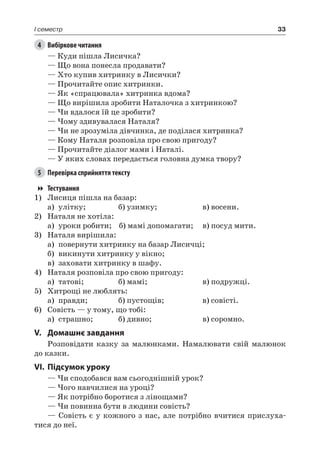33I семестр
4	 Вибіркове читання
— Куди пішла Лисичка?
— Що вона понесла продавати?
— Хто купив хитринку в Лисички?
— Прочитайте опис хитринки.
— Як «спрацювала» хитринка вдома?
— Що вирішила зробити Наталочка з хитринкою?
— Чи вдалося їй це зробити?
— Чому здивувалася Наталя?
— Чи не зрозуміла дівчинка, де поділася хитринка?
— Кому Наталя розповіла про свою пригоду?
— Прочитайте діалог мами і Наталі.
— У яких словах передається головна думка твору?
5	 Перевірка сприйняття тексту
Тестування
1)	Лисиця пішла на базар:
а)	 улітку;		 б) узимку;		 в) восени.
2)	 Наталя не хотіла:
а)	 уроки робити; б) мамі допомагати;	 в) посуд мити.
3)	 Наталя вирішила:
а)	 повернути хитринку на базар Лисичці;
б)	 викинути хитринку у вікно;
в)	 заховати хитринку в шафу.
4)	 Наталя розповіла про свою пригоду:
а)	 татові;		 б) мамі;		 в) подружці.
5)	 Хитрощі не люблять:
а)	 правди;		 б) пустощів;		 в) совісті.
6)	 Совість — у тому, що тобі:
а)	 страшно;	 б) дивно;		 в) соромно.
V.	Домашнє завдання
Розповідати казку за малюнками. Намалювати свій малюнок
до казки.
VI.	Підсумок уроку
— Чи сподобався вам сьогоднішній урок?
— Чого навчилися на уроці?
— Як потрібно боротися з лінощами?
— Чи повинна бути в людини совість?
— Совість є у кожного з нас, але потрібно вчитися прислуха-
тися до неї.
 
