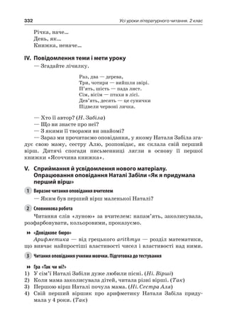332 Усі уроки літературного читання. 2 клас
Річка, наче…
День, як…
Книжка, неначе…
IV.	Повідомлення теми і мети уроку
— Згадайте лічилку.
Раз, два — дерева,
Три, чотири — вийшли звірі.
П’ять, шість — пада лист.
Сім, вісім — птахи в лісі.
Дев’ять, десять — це сунички
Підвели червоні личка.
— Хто її автор? (Н. Забіла)
— Що ви знаєте про неї?
— З якими її творами ви знайомі?
— Зараз ми прочитаємо оповідання, у якому Наталя Забіла зга-
дує свою маму, сестру Алю, розповідає, як склала свій перший
вірш. Дитячі спогади письменниці лягли в основу її першої
книжки «Ясоччина книжка».
V.	Сприймання й усвідомлення нового матеріалу.
Опрацювання оповідання Наталі Забіли «Як я придумала
перший вірш»
1	 Виразне читання оповідання вчителем
— Яким був перший вірш маленької Наталі?
2	 Словникова робота
Читання слів «луною» за вчителем: напам’ять, заколисувала,
розфарбовувати, кольоровими, проказуємо.
«Довідкове бюро»
Арифметика — від грецького arithmys — розділ математики,
що вивчає найпростіші властивості чисел і властивості над ними.
3	 Читання оповідання учнями мовчки. Підготовка до тестування
Гра «Так чи ні?»
1)	 У сім’ї Наталі Забіли дуже любили пісні. (Ні. Вірші)
2)	 Коли мама заколисувала дітей, читала різні вірші. (Так)
3)	 Першою вірш Наталі почула мама. (Ні. Сестра Аля)
4)	 Свій перший віршик про арифметику Наталя Забіла приду-
мала у 4 роки. (Так)
 
