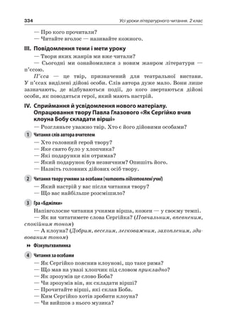 334 Усі уроки літературного читання. 2 клас
— Про кого прочитали?
— Читайте вголос — називайте кожного.
III.	Повідомлення теми і мети уроку
— Твори яких жанрів ми вже читали?
— Сьогодні ми ознайомилися з новим жанром літератури —
п’єсою.
П’єса — це твір, призначений для театральної вистави.
У п’єсах виділені дійові особи. Слів автора дуже мало. Вони лише
зазначають, де відбуваються події, до кого звертаються дійові
особи, як поводяться герої, який мають настрій.
IV.	Сприймання й усвідомлення нового матеріалу.
Опрацювання твору Павла Глазового «Як Сергійко вчив
клоуна Бобу складати вірші»
— Розгляньте уважно твір. Хто є його дійовими особами?
1	 Читання слів автора вчителем
— Хто головний герой твору?
— Яке свято було у хлопчика?
— Які подарунки він отримав?
— Який подарунок був незвичним? Опишіть його.
— Назвіть головних дійових осіб твору.
2	 Читання твору учнями за особами (читаютьпідготовленіучні)
— Який настрій у вас після читання твору?
— Що вас найбільше розсмішило?
3	 Гра «Бджілки»
Напівголосне читання учнями вірша, кожен — у своєму темпі.
— Як ви читатимете слова Сергійка? (Повчальним, впевненим,
спокійним тоном)
— А клоуна? (Добрим, веселим, легковажним, захопленим, зди-
вованим тоном)
Фізкультхвилинка
4	 Читання за особами
— Як Сергійко пояснив клоунові, що таке рима?
— Що мав на увазі хлопчик під словом прикладно?
— Як зрозумів це слово Боба?
— Чи зрозумів він, як складати вірші?
— Прочитайте вірші, які склав Боба.
— Ким Сергійко хотів зробити клоуна?
— Чи вийшов з нього музика?
 