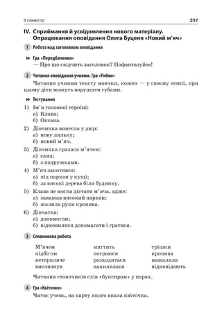357II семестр
IV.	Сприймання й усвідомлення нового матеріалу.
Опрацювання оповідання Олега Буценя «Новий м’яч»
1	 Робота над заголовком оповідання
Гра «Передбачення»
— Про що свідчить заголовок? Пофантазуйте!
2	 Читання оповідання учнями. Гра «Рибки»
Читання учнями тексту мовчки, кожен — у своєму темпі, при
цьому діти можуть ворушити губами.
Тестування
1)	 Ім’я головної героїні:
а)	 Клава;
б)	 Оксана.
2)	 Дівчинка винесла у двір:
а)	 нову ляльку;
б)	 новий м’яч.
3)	 Дівчинка гралася м’ячем:
а)	 сама;
б)	 з подружками.
4)	М’яч закотився:
а)	 під паркан у кущі;
б)	 за високі дерева біля будинку.
5)	 Клава не могла дістати м’яча, адже:
а)	 заважав високий паркан;
б)	 жалила руки кропива.
6)	 Дівчатка:
а)	 допомогли;
б)	 відмовилися допомагати і гратися.
3	 Словникова робота
М’ячем
підбігли
нетерпляче
вислизнув
мигтить
пограюся
розходиться
нахилилася
трішки
кропива
нажалила
відповідають
Читання стовпчиків слів «буксиром» у парах.
4	 Гра «Квіточки»
Читає учень, на парту якого впала квіточка.
 
