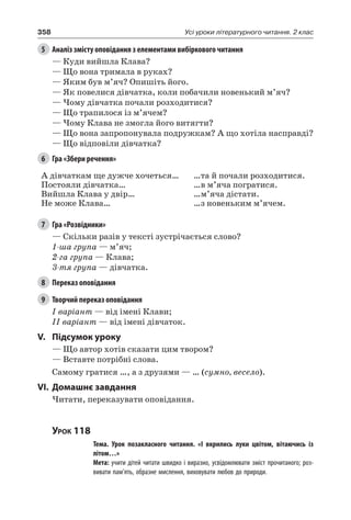 358 Усі уроки літературного читання. 2 клас
5	 Аналіз змісту оповідання з елементами вибіркового читання
— Куди вийшла Клава?
— Що вона тримала в руках?
— Яким був м’яч? Опишіть його.
— Як повелися дівчатка, коли побачили новенький м’яч?
— Чому дівчатка почали розходитися?
— Що трапилося із м’ячем?
— Чому Клава не змогла його витягти?
— Що вона запропонувала подружкам? А що хотіла насправді?
— Що відповіли дівчатка?
6	 Гра «Збери речення»
А дівчаткам ще дужче хочеться…
Постояли дівчатка…
Вийшла Клава у двір…
Не може Клава…
…та й почали розходитися.
…в м’яча погратися.
…м’яча дістати.
…з новеньким м’ячем.
7	 Гра «Розвідники»
— Скільки разів у тексті зустрічається слово?
1-ша група — м’яч;
2-га група — Клава;
3-тя група — дівчатка.
8	 Переказ оповідання
9	 Творчий переказ оповідання
I варіант — від імені Клави;
II варіант — від імені дівчаток.
V.	Підсумок уроку
— Що автор хотів сказати цим твором?
— Вставте потрібні слова.
Самому гратися …, а з друзями — … (сумно, весело).
VI.	Домашнє завдання
Читати, переказувати оповідання.
Урок 118
		 Тема. Урок позакласного читання. «І вкрились луки цвітом, вітаючись із
літом…»
		 Мета: учити дітей читати швидко і виразно, усвідомлювати зміст прочитаного; роз-
вивати пам’ять, образне мислення, виховувати любов до природи.
 