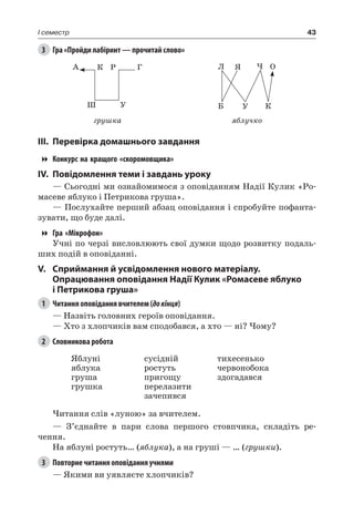 43I семестр
3	 Гра «Пройди лабіринт — прочитай слово»
А ГР
УШ
К Я
Б
Л
У
Ч
К
О
грушка яблучко
III.	Перевірка домашнього завдання
Конкурс на кращого «скоромовщика»
IV.	Повідомлення теми і завдань уроку
— Сьогодні ми ознайомимося з оповіданням Надії Кулик «Ро-
масеве яблуко і Петрикова груша».
— Послухайте перший абзац оповідання і спробуйте пофанта-
зувати, що буде далі.
Гра «Мікрофон»
Учні по черзі висловлюють свої думки щодо розвитку подаль-
ших подій в оповіданні.
V.	Сприймання й усвідомлення нового матеріалу.
Опрацювання оповідання Надії Кулик «Ромасеве яблуко
і Петрикова груша»
1	 Читання оповідання вчителем (докінця)
— Назвіть головних героїв оповідання.
— Хто з хлопчиків вам сподобався, а хто — ні? Чому?
2	 Словникова робота
Яблуні
яблука
груша
грушка
сусідній
ростуть
пригощу
перелазити
зачепився
тихесенько
червонобока
здогадався
Читання слів «луною» за вчителем.
— З’єднайте в пари слова першого стовпчика, складіть ре-
чення.
На яблуні ростуть… (яблука), а на груші — … (грушки).
3	 Повторне читання оповідання учнями
— Якими ви уявляєте хлопчиків?
 