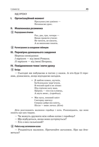 45I семестр
Хід уроку
I.	 Організаційний момент
Пролунав уже дзвінок —
Починаємо урок.
II.	Мовленнєва розминка
1	 Розучування лічилки
Раз, два, три, чотири —
Кицю грамоти учили:
Не читати, не писати,
А за мишками ганяти.
2	 Розчитування за складовою таблицею
III.	Перевірка домашнього завдання
Переказ оповідання:
I варіант — від імені Ромася;
II варіант — від імені Петрика.
IV.	Повідомлення теми і мети уроку
1	 Бесіда
— Сьогодні ми побуваємо в гостях у казки. А хто буде її геро-
ями, дізнаємося, якщо відгадаємо загадки.
•	 Я люблю комах, жучків,
Їм біленьких черв’ячків.
В теплий край я не літаю:
Під стріхою хату маю.
Цвірінь — сів я на хлівець,
А звуть мене… (горобець).
•	 Має вуса, пишний хвіст
І негарну звичку:
Спершу добре він поїсть,
Після — вмиє личко. (Кіт)
Діти розглядають малюнки горобця і кота. Розповідають, що вони
знають про цих тварин.
— Чи можуть дружити між собою котик і горобець?
— Що відбудеться, якщо вони зустрінуться?
— Хто з них сильніший?
2	 Робота над заголовком казки
— Роздивіться малюнок. Прочитайте заголовок. Про що йти-
меться?
 