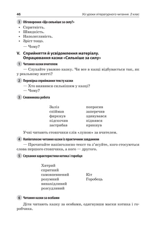 46 Усі уроки літературного читання. 2 клас
3	 Обговорення «Що сильніше за силу?»
•	 Спритність.
•	 Швидкість.
•	 Наполегливість.
•	 Зріст тощо.
— Чому?
V.	Сприйняття й усвідомлення матеріалу.
Опрацювання казки «Сильніше за силу»
1	 Читання казки вчителем
— Слухайте уважно казку. Чи все в казці відбувається так, як
у реальному житті?
2	 Перевірка сприймання тексту казки
— Хто виявився сильнішим у казці?
— Чому?
3	 Словникова робота
Заліз
спіймав
фиркнув
підскочив
застрибав
попросив
заперечив
здивувався
піднявся
крикнув
Учні читають стовпчики слів «луною» за вчителем.
4	 Напівголосне читання казки із практичним завданням
— Прочитайте напівголосно текст та з’ясуйте, кого стосуються
слова першого стовпчика, а кого — другого.
5	 Слухання характеристики котика і горобця
Хитрий
спритний
самовпевнений
розумний
винахідливий
розсудливий
Кіт
Горобець
6	 Читання казки за особами
Діти читають казку за особами, одягнувши маски котика і го-
робчика.
 