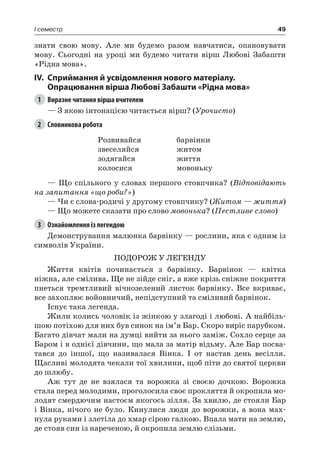 49I семестр
знати свою мову. Але ми будемо разом навчатися, опановувати
мову. Сьогодні на уроці ми будемо читати вірш Любові Забашти
«Рідна мова».
IV.	Сприймання й усвідомлення нового матеріалу.
Опрацювання вірша Любові Забашти «Рідна мова»
1	 Виразне читання вірша вчителем
— З якою інтонацією читається вірш? (Урочисто)
2	 Словникова робота
Розвивайся
звеселяйся
зодягайся
колосися
барвінки
житом
життя
мовоньку
— Що спільного у словах першого стовпчика? (Відповідають
на запитання «що роби?»)
— Чи є слова-родичі у другому стовпчику? (Житом — життя)
— Що можете сказати про слово мовонька? (Пестливе слово)
3	 Ознайомлення із легендою
Демонстрування малюнка барвінку — рослини, яка є одним із
символів України.
ПОДОРОЖ У ЛЕГЕНДУ
Життя квітів починається з барвінку. Барвінок — квітка
ніжна, але смілива. Ще не зійде сніг, а вже крізь сніжне покриття
пнеться тремтливий вічнозелений листок барвінку. Все вкриває,
все захоплює войовничий, непідступний та сміливий барвінок.
Існує така легенда.
Жили колись чоловік із жінкою у злагоді і любові. А найбіль-
шою потіхою для них був синок на ім’я Бар. Скоро виріс парубком.
Багато дівчат мали на думці вийти за нього заміж. Сохло серце за
Баром і в однієї дівчини, що мала за матір відьму. Але Бар посва-
тався до іншої, що називалася Вінка. І от настав день весілля.
Щасливі молодята чекали тої хвилини, щоб піти до святої церкви
до шлюбу.
Аж тут де не взялася та ворожка зі своєю дочкою. Ворожка
стала перед молодими, проголосила своє прокляття й окропила мо-
лодят смердючим настоєм якогось зілля. За хвилю, де стояли Бар
і Вінка, нічого не було. Кинулися люди до ворожки, а вона мах-
нула руками і злетіла до хмар сірою галкою. Впала мати на землю,
де стояв син із нареченою, й окропила землю слізьми.
 