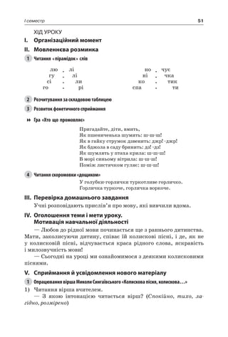51I семестр
Хід уроку
I.	 Організаційний момент
II.	Мовленнєва розминка
1	 Читання «пірамідок» слів
лю
гу
сі
го
.
.
.
.
лі
лі
ли
рі
но
ні
ко
спа
.
.
.
.
чує
чка
тик
ти
2	 Розчитування за складовою таблицею
3	 Розвиток фонетичного сприймання
Гра «Хто що промовляє»
Пригадайте, діти, вмить,
Як пшениченька шумить: ш-ш-ш!
Як в гайку струмок дзвенить: джр! -джр!
Як бджола в саду бринить: дз! -дз!
Як шумлять у птаха крила: ш-ш-ш!
В морі синьому вітрила: ш-ш-ш!
Поміж листячком гуляє: ш-ш-ш!
4	 Читання скоромовки «дощиком»
У голубки-горлички туркотливе горличко.
Горличка туркоче, горличка воркоче.
III.	Перевірка домашнього завдання
Учні розповідають прислів’я про мову, які вивчили вдома.
IV.	 Оголошення теми і мети уроку.
Мотивація навчальної діяльності
— Любов до рідної мови починається ще з раннього дитинства.
Мати, заколисуючи дитину, співає їй колискові пісні, і де, як не
у колисковій пісні, відчувається краса рідного слова, яскравість
і милозвучність мови!
— Сьогодні на уроці ми ознайомимося з деякими колисковими
піснями.
V.	Сприймання й усвідомлення нового матеріалу
1	 Опрацювання вірша Миколи Сингаївського «Колискова пісня, колискова…»
1)	Читання вірша вчителем.
— З якою інтонацією читається вірш? (Спокійно, тихо, ла-
гідно, розмірено)
 