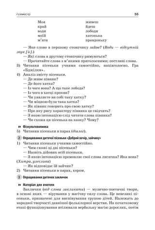 55I семестр
Моя
край
води
моїй
м’ята
живеш
йдеш
лободи
хатонька
правдоньку
— Яке слово в першому стовпчику зайве? (Води — відсутній
звук [й].)
— Які слова в другому стовпчику римуються?
— Прочитайте слова з м’якими приголосними; пестливі слова.
3)	Читання пісеньки учнями самостійно, напівголосно. Гра
«Бджілки».
4)	 Аналіз змісту пісеньки.
— Де живе півник?
— Де його хатка?
— Із чого вона? А що таке лобода?
— Із чого в хатці крокви?
— Чи уявляєте ви собі таку хатку?
— Чи міцною була така хатка?
— Як півник говорить про свою хатку?
— Про яку рису характеру півника це свідчить?
— З якою інтонацією слід читати слова півника?
— Чи схожа ця пісенька на казку? Чому?
Фізкультхвилинка
5)	Читання пісеньки в парах (діалог).
2	 Опрацювання дитячої пісеньки «Добрий вечір, зайчику»
1)	Читання пісеньки учнями самостійно.
— Чим схожі ці дві пісеньки?
— Назвіть дійових осіб пісеньки.
— З якою інтонацією промовляє свої слова лисичка? Яка вона?
(Хитра, улеслива)
— Як відповідає їй зайчик?
2)	Читання пісеньки в парах, хором.
3	 Опрацювання дитячих закличок
Матеріал для вчителя
Заклички (від слова закликати) — музично-поетичні твори,
в основі яких — вірування у магічну силу слова. Це невеликі пі-
сеньки, призначені для виспівування групою дітей. Належать до
народної творчості давнішої фольклорної верстви. На початковому
етапі функціонування втілювали вербальну магію дорослих, потім
 