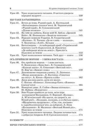 6 Усі уроки літературного читання. 2 клас
Урок 40.	 Урок позакласного читання. З чистого джерела
народної мудрості  . . . . . . . . . . . . . . . . . . . . . . . . . . . 	139
Що таке Батьківщина  . . . . . . . . . . . . . . . . . . . . . . . . . . . . 	141
Урок 41.	 Вступ до теми. Рідний край. А. Костецький
«Батьківщина» (напам’ять). М. Чернявський
«Рідний край». В. Сухомлинський
«Дідова колиска»  . . . . . . . . . . . . . . . . . . . . . . . . . . . 	141
Урок 42.	 Як тебе не любити, Києве мій! Н. Забіла «Древній
Київ». М. Познанська «Зацвіли каштани»  . . . . . . . 	145
Урок 43.	 Народні символи України. В. Скуратівський
«Калина». П. Тичина «Де не глянь — колоски».
Т. Коломієць «Хліб». Загадка  . . . . . . . . . . . . . . . . . 	149
Урок 44.	 Батьківщина — то найкращий край! «Український
віночок» (за О. Кириченко). Д. Павличко
«Де найкраще місце на землі». Прислів’я.
Підсумок за темою  . . . . . . . . . . . . . . . . . . . . . . . . . . . 	153
Урок 45.	 Урок позакласного читання. Твій друг — книга  . . . 	156
Ось прийшли морози — і зима настала  . . . . . . . . . . 	159
Урок 46.	 Ось прийшли морози — і зима настала.
О. Копиленко «Зима йде». В. Скомаровський
«Казкові шати». О. Сенатович «Веселий сніг».
Н. Кир’ян «Зимові слова»  . . . . . . . . . . . . . . . . . . . . . 	159
Урок 47.	 Допоможемо тваринам узимку. Л. Левченко
«Якщо допоможем». Л. Костенко «Синички
на снігу». А. Качан «Крихта хліба»  . . . . . . . . . . . . . 	162
Урок 48.	 Доки рослина росте, доти очі милує.
С. Носань «Ялинка». Олександр Олесь «Ялинка»
(напам’ять)  . . . . . . . . . . . . . . . . . . . . . . . . . . . . . . . . 	165
Урок 49.	 Новорічні дива. Л. Глібов «Зимня пісенька».
Ю. Набока «Новорічко»  . . . . . . . . . . . . . . . . . . . . . . 	168
Урок 50.	 Вже Різдво прийшло до хати, всім пора
колядувати! Колядники. О. Воропай «Коляда».
А. М’ястківський «На щастя, на здоров’я, на
Новий рік!». «Колядин, колядин, а я в батька один»,
«Щедрівочка щедрувала», «Сію, сію, посіваю»
(з народного) (напам’ять за вибором). Л. Повх
«Колядники». В. Малишко «Веселий Новий рік».
Підсумок за темою  . . . . . . . . . . . . . . . . . . . . . . . . . . . 	171
Урок 51.	 Урок позакласного читання. Людина починається
з добра (за творами В. О. Сухомлинського)  . . . . . . . 	174
II семестр  . . . . . . . . . . . . . . . . . . . . . . . . . . . . . . . . . . . . . . . . . 	177
Вірші українських поетів  . . . . . . . . . . . . . . . . . . . . . . . . 	177
 