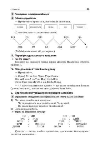 63I семестр
3	 Розчитування за складовою таблицею
4	 Робота над прислів’ями
— Прочитайте прислів’я, поясніть їх значення.
слова зложиться мова до Слово
(Слово до слова — зложиться мова.)
ВІД РО СЛО І РОЗ
МЕР Є
ЗА
ДОБ ГО ВА ЛІД
(Від доброго слова і лід розмерзає.)
III.	Перевірка домашнього завдання
Гра «Хто краще?»
Конкурс на кращого читця вірша Дмитра Павличка «Небеса
прозорі».
IV.	Повідомлення теми і мети уроку
— Прочитайте.
сд Я рмф Х тно Онт Чзвш Упрс Сжкм
Кон А З лдп А пв Т ни И ор Сдсф Воп
О нук Є нл Спм Луч О я ю ь В в ба О прд
— «Я хочу сказати своє слово» — це назва оповідання Василя
Сухомлинського, з яким ми сьогодні ознайомимося.
V.	Сприймання й усвідомлення нового матеріалу
1	 Опрацювання оповідання Василя Сухомлинського «Я хочу сказати своє слово»
1)	Читання оповідання вчителем.
— Чи сподобалося вам оповідання? Чим саме?
— Як звали головну героїню оповідання?
2)	 Словникова робота.
Вправа на розширення кута зору
ПО
РА
ОСІН
ТРИ
ДИВИ
.
.
.
.
.
ЛЕ
НОК
НЄ
ВОЖНЕ
ЛИСЯ
НЕ
ТИ
ВЧИ
ТРЕ
ЗАГО
.
.
.
.
.
БО
ХИЙ
ТИСЯ
ПЕТАЛО
РІЛИ
Трепет — легке, слабке тремтіння, дрижання, безперервне,
незначне коливання.
 