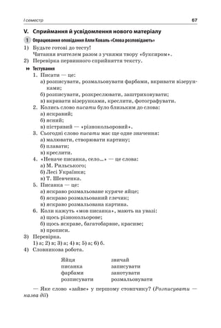 67I семестр
V.	Сприймання й усвідомлення нового матеріалу
1	 Опрацювання оповідання Алли Коваль «Слова розповідають»
1)	 Будьте готові до тесту!
Читання вчителем разом з учнями твору «буксиром».
2)	 Перевірка первинного сприйняття тексту.
Тестування
	 1.	 Писати — це:
	 а) розписувати, розмальовувати фарбами, вкривати візерун-
ками;
	 б) розписувати, розкреслювати, заштриховувати;
	 в) вкривати візерунками, креслити, фотографувати.
	 2.	 Колись слово писати було близьким до слова:
	 а) яскравий;
	 б) ясний;
	 в) пістрявий — «різнокольоровий».
	 3.	 Сьогодні слово писати має ще одне значення:
	 а) малювати, створювати картину;
	 б) плавати;
	 в) креслити.
	 4.	 «Неначе писанка, село…» — це слова:
	 а) М. Рильського;
	 б) Лесі Українки;
	 в) Т. Шевченка.
	 5.	 Писанка — це:
	 а) яскраво розмальоване куряче яйце;
	 б) яскраво розмальований глечик;
	 в) яскраво розмальована картина.
	 6.	 Коли кажуть «мов писанка», мають на увазі:
	 а) щось різнокольорове;
	 б) щось яскраве, багатобарвне, красиве;
	 в) прописи.
3)	 Перевірка.
1) а; 2) в; 3) а; 4) в; 5) а; 6) б.
4)	 Словникова робота.
Яйця
писанка
фарбами
розписувати
звичай
записувати
занотувати
розмальовувати
— Яке слово «зайве» у першому стовпчику? (Розписувати —
назва дії)
 