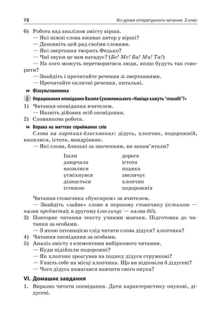 72 Усі уроки літературного читання. 2 клас
6)	 Робота над аналізом змісту вірша.
— Які ніжні слова вживає автор у вірші?
— Доповніть цей ряд своїми словами.
— Які звертання творить Федько?
— Чиї звуки це вам нагадує? (Бе! Ме! Ба! Ма! Та!)
— На кого можуть перетворитися люди, якщо будуть так гово-
рити?
— Знайдіть і прочитайте речення зі звертаннями.
— Прочитайте окличні речення, питальні.
Фізкультхвилинка
2	 Опрацювання оповідання Василя Сухомлинського «Навіщо кажуть“спасибі”?»
1)	Читання оповідання вчителем.
— Назвіть дійових осіб оповідання.
2)	 Словникова робота.
Вправа на миттєве сприймання слів
Слова на картках-блискавках: дідусь, хлопчик, подорожній,
напилися, істота, мандрівник.
— Які слова, близькі за значенням, ви запам’ятали?
Ішли
дзюрчала
напилися
усміхнувся
дізнається
істиною
дорога
істота
подяка
звеличує
хлопчик
подорожніх
Читання стовпчика «буксиром» за вчителем.
— Знайдіть «зайве» слово в першому стовпчику (істиною —
назва предмета); в другому (звеличує — назва дії).
3)	 Повторне читання тексту учнями мовчки. Підготовка до чи-
тання за особами.
— З якою інтонацією слід читати слова дідуся? хлопчика?
4)	Читання оповідання за особами.
5)	 Аналіз змісту з елементами вибіркового читання.
— Куди підійшли подорожні?
— Як хлопчик зреагував на подяку дідуся струмкові?
— Уявіть себе на місці хлопчика. Що ви відповіли б дідусеві?
— Чого дідусь намагався навчити свого онука?
VI.	Домашнє завдання
1.	 Виразно читати оповідання. Дати характеристику онукові, ді-
дусеві.
 
