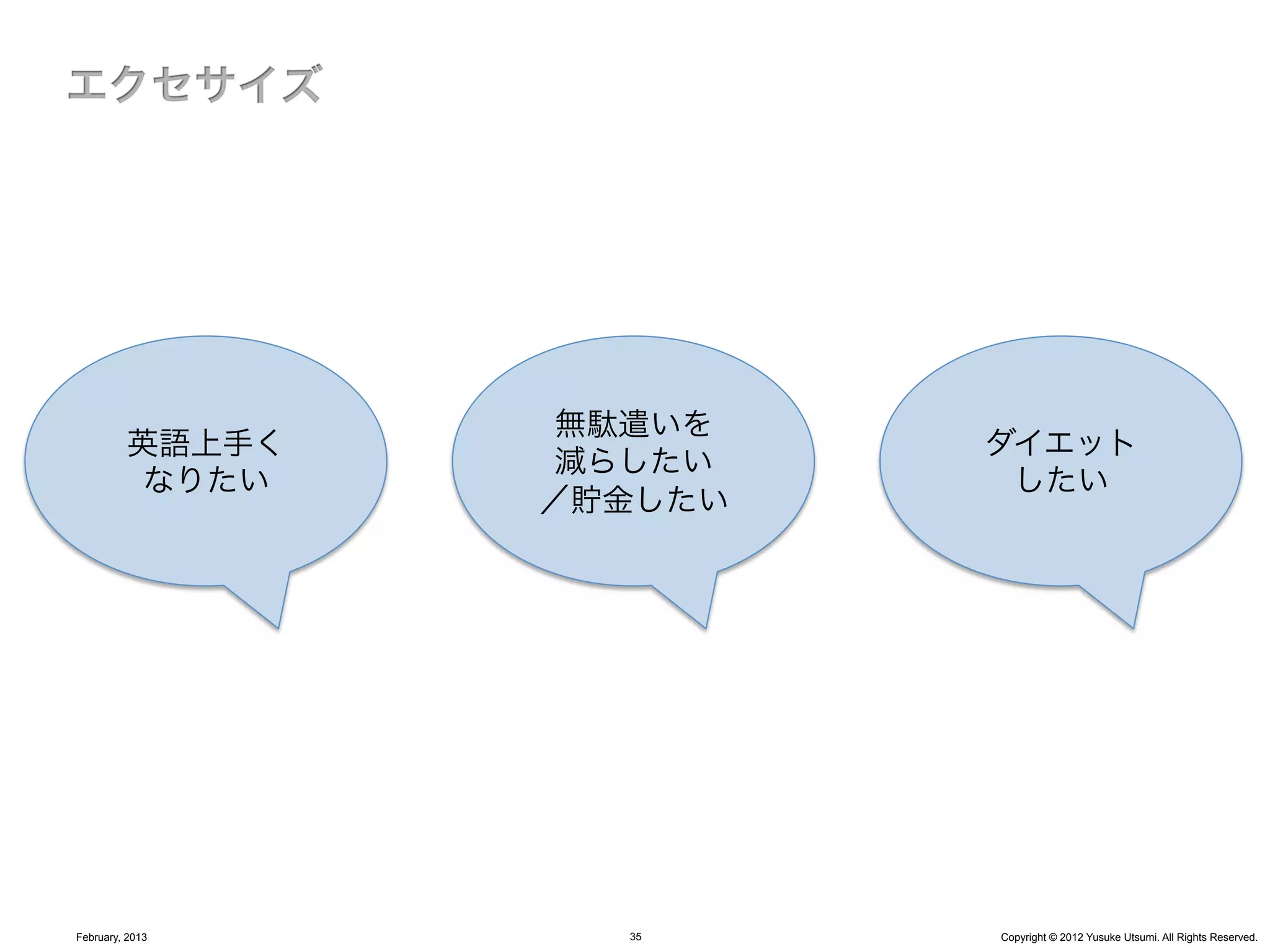 無駄遣いを
          英語上手く            ダイエット
                   減らしたい
           なりたい             したい
                  ／貯金したい




February, 2013      35     Copyright © 2012 Yusuke Utsumi. All Rights Reserved.
 