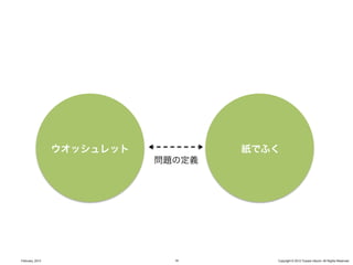 理想
                 ウオッシュレット            現実
                                    紙でふく
                            問題の定義




February, 2013                18       Copyright © 2012 Yusuke Utsumi. All Rights Reserved.
 