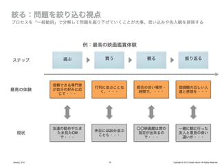 プロセスを「一般動詞」で分解して問題を掘り下げていくことが大事。思い込みや先入観を排除する




                           例：最高の映画鑑賞体験


ステップ              選ぶ            買う         観る                    振り返る




                信頼できる専門家
                             行列に並ぶことな    都合の良い場所・         価値観の近しい人
最高の体験           が自分の好みに応
                              く、・・・       時間で、・・・         達と感想を・・・
                 じて・・・




                友達の勧めやたま                 〇〇映画館は席の         一緒に観に行った
                             休日には20分並ぶ
    現状           たま見たCM
                              ことも・・・
                                          指定が出来るの         友人と意見の食い
                  で・・・                     で・・・            違いが・・・




January, 2012                    22                 Copyright © 2012 Yusuke Utsumi. All Rights Reserved.
 