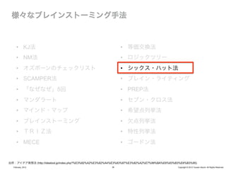 •  KJ法                                                   •  等価交換法
     •  NM法                                                   •  ロジックツリー
     •  オズボーンのチェックリスト                                         •  シックス・ハット法
     •  SCAMPER法                                              •  ブレイン・ライティング
     •  「なぜなぜ」5回                                              •  PREP法
     •  マンダラート                                                •  セブン・クロス法
     •  マインド・マップ                                              •  希望点列挙法
     •  ブレインストーミング                                            •  欠点列挙法
     •  ＴＲＩＺ法                                                 •  特性列挙法
     •  MECE                                                  •  ゴードン法


出所：アイデア発想法 (http://ideatool.jp/index.php?%E3%82%A2%E3%82%A4%E3%83%87%E3%82%A2%E7%99%BA%E6%83%B3%E6%B3%95)
  February, 2012                                         36                                   Copyright © 2012 Yusuke Utsumi. All Rights Reserved.
 