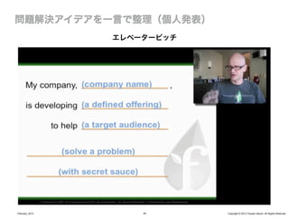 エレベーターピッチ




February, 2013       40      Copyright © 2012 Yusuke Utsumi. All Rights Reserved.
 