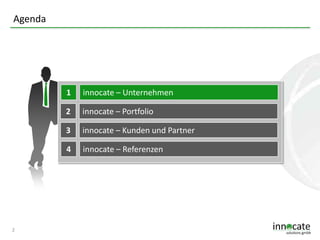 Agenda

1
2

innocate – Portfolio

3

innocate – Kunden und Partner

4

2

innocate – Unternehmen

innocate – Referenzen

 