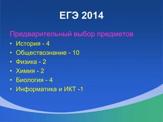 ЕГЭ 2014
Предварительный выбор предметов
• История - 4
• Обществознание - 10
• Физика - 2
• Химия - 2
• Биология - 4
• Информатика и ИКТ -1
 
