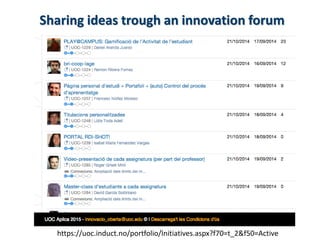 11
Sharing ideas trough an innovation forum
https://uoc.induct.no/portfolio/Initiatives.aspx?f70=t_2&f50=Active
 