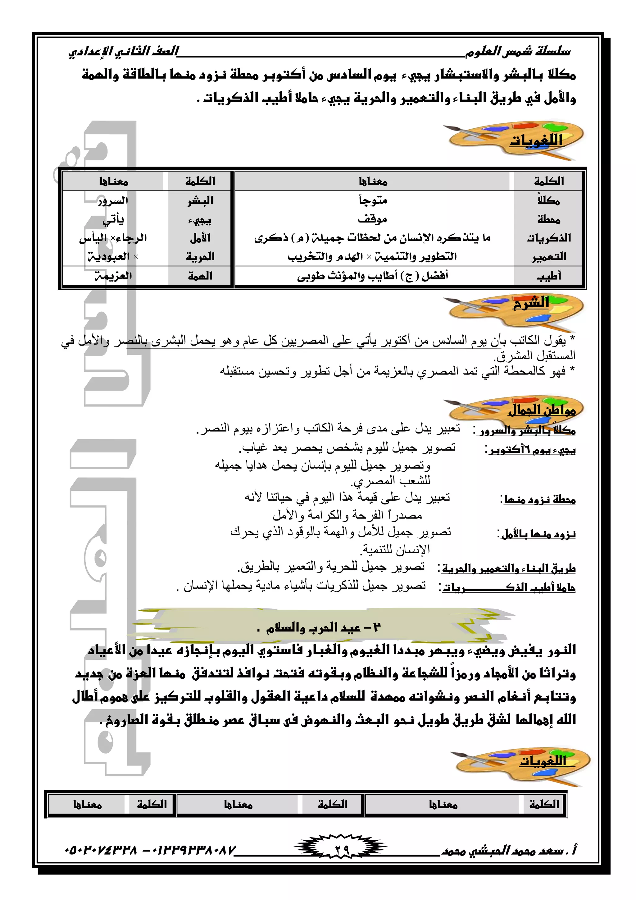 ‫دضدضظػذطسػاضطضوم‬‫ػػػػػػػػػػػػػػػػػػػػػػػػػػػػػػػػػػػػػػػػػػػػػػػػػػػػػػػػػػػػػػػػػػػػػػػػػػػػػػػػػػػػػػػػػػػػػػػػػػػػػػػػػػػػػػػػػػػػ‬‫اضصفػا‬‫ضثفظّٗػاإل‬‫ردادي‬
‫أػ.ػدطدػطحطدػاضحبذّٗػطحطد‬‫ػػػػػػػػػػػػػػػػػػػػػػػػػػػػػػػػػػػػػػ‬‫ػػػػػػػػػػػػػػػػػػػػػػػػػػػػػػػػػػػػػػػػػػػػػ‬01229238087-‫ػػ‬0502074328‫ػ‬ 29
‫طصضال‬‫بفضبذرػواالدتبذفرػغجّٗءػػغومػاضدفدسػطنػأصتوبرػطحطظػظزودػطظؼفػبفضطفشظػواضؼطظ‬
‫واِّطلػسّٗػطرغق‬‫ػ‬‫اضبظفءػواضتططغرػواضحرغظػغجّٗءػحفطالػأطغبػاضذصرغفت‬‫ػ‬.
‫ػ‬‫اضضعوغفت‬‫ػ‬
‫اضذرح‬
‫ذأ‬ ‫جپٻحضد‬ ‫ّٷٌټ‬ *ِ‫ٲ‬ ‫ًجألڂٽ‬ ٍٛ‫ذحپن‬ ٍٍٗ‫جپر‬ ‫ّكڃٽ‬ ٌ‫ًى‬ ‫٪حڀ‬ ‫ٺٽ‬ ‫جپڃٍّْٛڅ‬ َ‫٪ٿ‬ ِ‫ّأض‬ ٍ‫أٺطٌذ‬ ‫ڂڅ‬ ِ‫جپٓحو‬ ‫ٌّڀ‬ ‫ڄ‬
.‫جپڃٍٗٴ‬ ‫جپڃٓطٷرٽ‬
‫ڂٓطٷرٿو‬ ‫ًضكْٓڅ‬ ٌٍّ٣‫ض‬ ‫أؾٽ‬ ‫ڂڅ‬ ‫ذحپ٫ُّڃس‬ ٍُٛ‫جپڃ‬ ‫ضڃى‬ ِ‫جپط‬ ‫ٺحپڃك٣س‬ ٌ‫ٲي‬ *
‫طواطنػاضجطفل‬‫ػ‬
‫ّػبفضبذرػواضدرورػ‬‫ال‬‫طصض‬.ٍٛ‫جپن‬ ‫ذٌْڀ‬ ‫ًج٪طُجَه‬ ‫جپٻحضد‬ ‫ٲٍقس‬ ٍ‫ڂى‬ َ‫٪ٿ‬ ‫ّىټ‬ ٍْ‫ض٫ر‬ :
‫غجّٗءػغومػ‬6‫أصتوبر‬.‫ٮْحخ‬ ‫ذ٫ى‬ ٍٛ‫ّك‬ ٙ‫ذٗه‬ ‫پٿٌْڀ‬ ‫ؾڃْٽ‬ ٌٍّٛ‫ض‬ :
‫ؾڃْٿو‬ ‫ىىجّح‬ ‫ّكڃٽ‬ ‫ذاچٓحڄ‬ ‫پٿٌْڀ‬ ‫ؾڃْٽ‬ ٌٍّٛ‫ًض‬
.ٍُٛ‫جپڃ‬ ‫پٿٗ٫د‬
‫طحطظػظزودػطظؼف‬‫أل‬ ‫قْحضنح‬ ِ‫ٲ‬ ‫جپٌْڀ‬ ‫ىًج‬ ‫ٶْڃس‬ َ‫٪ٿ‬ ‫ّىټ‬ ٍْ‫ض٫ر‬ :‫چو‬
‫ًجألڂٽ‬ ‫ًجپٻٍجڂس‬ ‫جپٳٍقس‬ ً‫ج‬ٌ‫ڂٛى‬
‫ظزودػطظؼفػبفِّطل‬‫ّكٍٸ‬ ًُ‫جپ‬ ‫ذحپٌٶٌو‬ ‫ًجپيڃس‬ ‫پألڂٽ‬ ‫ؾڃْٽ‬ ٌٍّٛ‫ض‬ :
.‫پٿطنڃْس‬ ‫جإلچٓحڄ‬
‫طرغقػاضبظفءػواضتططغرػواضحرغظ‬‫ذح‬ ٍْ‫ًجپط٫ڃ‬ ‫پٿكٍّس‬ ‫ؾڃْٽ‬ ٌٍّٛ‫ض‬ :.‫پ٣ٍّٵ‬
‫حفطالػأطغبػاضذصـــــــــــــــــــرغفت‬‫جإلچٓحڄ‬ ‫ّكڃٿيح‬ ‫ڂحوّس‬ ‫ذأْٖحء‬ ‫پٿًٺٍّحش‬ ‫ؾڃْٽ‬ ٌٍّٛ‫ض‬ :.
2-‫ػ‬‫رغدػاضحربػواضدالم‬.
‫اضظور‬‫غغغضػوغضّٗءػوغبؼرػطبدداػاضعغومػواضعبفرػسفدتويػاضغومػبؿظجفزهػرغداػطنػاِّرغفد‬
‫ّػضضذجفرظػواضظظفمػوبػوتّٕػستح‬‫ا‬‫وتراثفػطنػاِّطجفدػورطز‬‫ت‬‫ػ‬‫ظواسذػضتتدسقػػطظؼفػاضطزةػطن‬‫جدغد‬
‫وتتفبّٓػأظعفم‬‫اضظصرػوظذواتّٕػططؼدة‬‫ضضدالمػدارغظػاضطػولػواضػضوبػضضترصغزػرضّٖػعطومػأطفلػ‬
‫اضضّٕػإعطفضؼف‬‫ضذقػطرغقػطوغلػظحو‬‫اضبطثػواضظؼوضػسّٖػدبفقػرصرػطظطضقػبػوةػاضصفروخ‬‫ػ‬.‫ػ‬
‫ػػػػ‬‫اضضعوغفت‬
‫اضصضطظ‬‫ػ‬‫ططظفعف‬‫ػ‬‫اضصضطظ‬‫ػ‬‫ططظفعف‬‫ػ‬‫اضصضطظ‬‫ػ‬‫ططظفعف‬‫ػ‬
‫اضصضطظ‬‫ػ‬‫ططظفعف‬‫ػ‬‫اضصضطظ‬‫ػ‬‫ططظفعف‬‫ػ‬
ّ‫ال‬‫طصض‬‫ػ‬‫اضبذر‬‫ػ‬
‫طحطظ‬‫ػ‬‫غجّٗء‬‫ػ‬
‫اضذصرغفت‬‫ػ‬‫اِّطل‬‫ػ‬
‫اضتططغر‬‫ػ‬‫اضحرغظ‬‫ػ‬
‫أطغب‬‫ػ‬‫اضؼطظ‬‫ػ‬
 