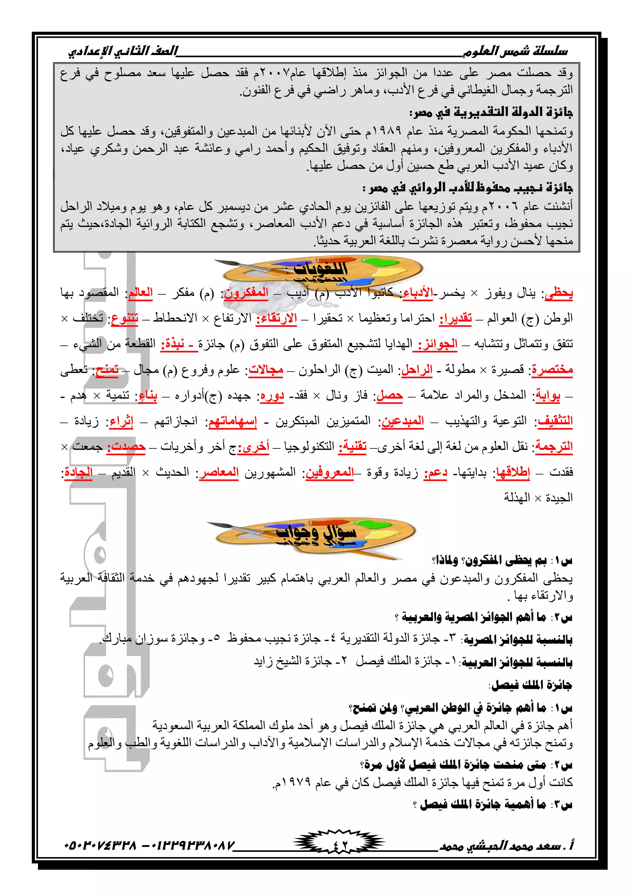 ‫دضدضظػذطسػاضطضوم‬‫ػػػػػػػػػػػػػػػػػػػػػػػػػػػػػػػػػػػػػػػػػػػػػػػػػػػػػػػػػػػػػػػػػػػػػػػػػػػػػػػػػػػػػػػػػػػػػػػػػػػػػػػػػػػػػػػػػػػػ‬‫اضصفػا‬‫ضثفظّٗػاإل‬‫ردادي‬
‫أػ.ػدطدػطحطدػاضحبذّٗػطحطد‬‫ػػػػػػػػػػػػػػػػػػػػػػػػػػػػػػػػػػػػػػ‬‫ػػػػػػػػػػػػػػػػػػػػػػػػػػػػػػػػػػػػػػػػػػػػػ‬01229238087-‫ػػ‬0502074328‫ػ‬ 42
ّ‫ػج‬ ‫إٟالهٜج‬ ‫ٓ٘ي‬ َ‫ثُؾٞثة‬ ٖٓ ‫ػوهث‬ ٠ِ‫ػ‬ ٌٚٓ ‫فِٚش‬ ‫ٝهو‬2991‫ِٓٚٞؿ‬ ‫ّؼو‬ ‫ػِ٤ٜج‬ َٚ‫ف‬ ‫كوو‬ ّ‫كٌع‬ ٢‫ك‬
‫ثُضٌؽٔز‬ٌ‫ك‬ ٢‫ك‬ ٢ٗ‫ثُـ٤طج‬ ٍ‫ٝؽٔج‬.ٕٞ٘‫ثُل‬ ‫كٌع‬ ٢‫ك‬ ٢ٝ‫ًث‬ ٌٛ‫ٝٓج‬ ،‫ثألهح‬ ‫ع‬
:‫جفئزةػاضدوضظػاضتػدغرغظػسّٗػطصر‬‫ػ‬
ّ‫ػج‬ ‫ٓ٘ي‬ ‫ثٌُٔٚ٣ز‬ ‫ثُقٌٞٓز‬ ‫ٝصٔ٘قٜج‬1060ًَ ‫ػِ٤ٜج‬ َٚ‫ف‬ ‫ٝهو‬ ،ٖ٤‫ٝثُٔضلٞه‬ ٖ٤‫ثُٔذوػ‬ ٖٓ ‫ألد٘جةٜج‬ ٕ٥‫ث‬ ٠‫فض‬ ّ
٤‫ػ‬ ١ٌٌٕٝ ٖٔ‫ثٌُف‬ ‫ػذو‬ ‫ٝػجةٖز‬ ٢ٓ‫ًث‬ ‫ٝأفٔو‬ ْ٤ٌ‫ثُق‬ ‫ٝصٞك٤ن‬ ‫ثُؼوجه‬ ْٜ٘ٓٝ ،ٖ٤‫ثُٔؼٌٝك‬ ٖ٣ٌٌ‫ٝثُٔل‬ ‫ثألهدجء‬،‫جه‬
.‫ػِ٤ٜج‬ َٚ‫ف‬ ٖٓ ٍٝ‫أ‬ ٖ٤ْ‫ف‬ ‫ٟغ‬ ٢‫ثُؼٌد‬ ‫ثألهح‬ ‫ػٔ٤و‬ ٕ‫ًٝج‬
:‫جفئزةػظجغبػطحغوظػضألدبػاضروائّٗػسّٗػطصرػ‬‫ػ‬
ّ‫ػج‬ ‫أٖٗتش‬2996َ‫ثٌُثف‬ ‫ٝٓ٤اله‬ ّٞ٣ ٞٛٝ ،ّ‫ػج‬ ًَ ٌ‫ه٣ْٔذ‬ ٖٓ ٌٖ‫ػ‬ ١‫ثُقجه‬ ّٞ٣ ٖ٣َ‫ثُلجة‬ ٠ِ‫ػ‬ ‫صٍٞ٣ؼٜج‬ ْ‫ٝ٣ض‬ ّ
‫ٝصٖؾ‬ ،ٌٙ‫ثُٔؼج‬ ‫ثألهح‬ ْ‫هػ‬ ٢‫ك‬ ‫أّجّ٤ز‬ ‫ثُؾجةَر‬ ٙ‫ٛي‬ ٌ‫ٝصؼضذ‬ ،‫ٓقلٞظ‬ ‫ٗؾ٤خ‬ْ‫٣ض‬ ‫ثُؾجهر،ف٤ظ‬ ‫ثٌُٝثة٤ز‬ ‫ثٌُضجدز‬ ‫غ‬
.‫فو٣غج‬ ‫ثُؼٌد٤ز‬ ‫دجُِـز‬ ‫ٌٖٗس‬ ‫ٓؼٌٚر‬ ‫ًٝث٣ز‬ ْٖ‫ألف‬ ‫ٓ٘قٜج‬
‫انهغوٍبد‬:
ٝ‫٠ذظ‬ٍٞ‫ٝ٣ل‬ ٍ‫٣٘ج‬ :×ٌْ‫٣ن‬-‫األصثبء‬‫أه٣خ‬ )ّ( ‫ثألهح‬ ‫ًجصذٞث‬ :–ْٚ‫اٌّفىغ‬ٌٌ‫ٓل‬ )ّ( :–ٌُ‫اٌؼب‬‫دٜج‬ ‫ثُٔوٚٞه‬ :
ُْ‫ثُؼٞث‬ )‫(ػ‬ ُٖٟٞ‫ث‬–:‫رمض٠غا‬‫ٝصؼظ٤ٔج‬ ‫ثفضٌثٓج‬×‫صقو٤ٌث‬–‫االعرم‬:‫بء‬‫ثالًصلجع‬×ٟ‫ثالٗقطج‬–‫رزٕٛع‬‫صنضِق‬ :×
ٚ‫ٝصضٖجد‬ َ‫ٝصضٔجع‬ ‫صضلن‬–:‫اٌجٛائؼ‬‫ؽجةَر‬ )ّ( ‫ثُضلٞم‬ ٠ِ‫ػ‬ ‫ثُٔضلٞم‬ ‫ُضٖؾ٤غ‬ ‫ثُٜوث٣ج‬-:‫ٔجظح‬‫ثُٖ٢ء‬ ٖٓ ‫ثُوطؼز‬–
‫ِشزصغح‬‫هٚ٤ٌر‬ :×‫ٓطُٞز‬-ً‫اٌغاد‬ِٕٞ‫ثٌُثف‬ )‫(ػ‬ ‫ثُٔ٤ش‬ :–‫ِجبالد‬ٍ‫ٓؾج‬ )ّ( ‫ٝكٌٝع‬ ِّٞ‫ػ‬ :–‫رّٕخ‬٠‫صؼط‬ :
–‫ثٛاثخ‬ُ‫ٝث‬ َ‫ثُٔوم‬ :‫ػالٓز‬ ‫ٌٔثه‬–ً‫دص‬ٍ‫ٝٗج‬ ٍ‫كج‬ :×‫كوو‬-ٖ‫صٚع‬ًٙ‫(ػ)أهٝث‬ ٙ‫ؽٜو‬ :–‫ثٕبء‬‫ص٘ٔ٤ز‬ :×ّ‫ٛو‬-
‫اٌزضم١ف‬‫ٝثُضٜي٣خ‬ ‫ثُضٞػ٤ز‬ :–ٓ١‫اٌّجضػ‬ٖ٣ٌٌ‫ثُٔذض‬ ٖ٣َ٤ٔ‫ثُٔض‬ :-ُٙ‫إؿٙبِبر‬ْٜ‫ثٗؾجٍثص‬ :–‫إصغاء‬‫ٍ٣جهر‬ :–
‫اٌزغجّخ‬ٌٟ‫أم‬ ‫ُـز‬ ٠ُ‫إ‬ ‫ُـز‬ ٖٓ ِّٞ‫ثُؼ‬ َ‫ٗو‬ :–:‫رمٕ١خ‬‫ثُضٌُ٘ٞٞؽ٤ج‬–:ٜ‫أسغ‬‫ٝأمٌ٣جس‬ ٌ‫أم‬ ‫ػ‬–:‫دصضد‬‫ؽٔؼش‬×
‫كووس‬–‫إغاللٙب‬‫دوث٣ضٜج‬ :-:ُ‫صػ‬‫ٝهٞر‬ ‫ٍ٣جهر‬–ٓ١‫اٌّؼغٚف‬ٖ٣ًُٜٖٞٔ‫ث‬ :‫اٌّؼبصغ‬‫ثُقو٣ظ‬ :×ْ٣‫ثُوو‬–‫اٌجبصح‬:
‫ثُؾ٤ور‬×‫ثُٜيُز‬
‫وجواة‬ ‫سؤال‬
ُ1‫ٚظتجىث؟‬ ‫ثظتفىٌْٚ؟‬ ٝ‫حيل‬ ‫مب‬ :
‫ثُغو‬ ‫موٓز‬ ٢‫ك‬ ْٛ‫ُؾٜٞه‬ ‫صوو٣ٌث‬ ٌ٤‫ًذ‬ ّ‫دجٛضٔج‬ ٢‫ثُؼٌد‬ ُْ‫ٝثُؼج‬ ٌٚٓ ٢‫ك‬ ٕٞ‫ٝثُٔذوػ‬ ٌٌٕٝ‫ثُٔل‬ ٠‫٣قظ‬‫ثُؼٌد٤ز‬ ‫جكز‬
. ‫دٜج‬ ‫ٝثالًصوجء‬
ُ2‫؟‬ ‫ٚثٌوٌد١ز‬ ‫ثظتظٌ٠ز‬ َ‫ثصتٛثة‬ ُ٘‫أ‬ ‫ِج‬ :
:‫ثظتظٌ٠ز‬ َ‫ٌٍؾٛثة‬ ‫دجٌْٕذز‬3-‫ثُضوو٣ٌ٣ز‬ ‫ثُوُٝز‬ ‫ؽجةَر‬4-‫ٓقلٞظ‬ ‫ٗؾ٤خ‬ ‫ؽجةَر‬5-.‫ٓذجًى‬ ٕ‫ٍّٞث‬ ‫ٝؽجةَر‬
:‫ثٌوٌد١ز‬ َ‫ٌٍؾٛثة‬ ‫دجٌْٕذز‬1-َٚ٤‫ك‬ ‫ثُِٔي‬ ‫ؽجةَر‬2-‫ٍث٣و‬ ‫ثُٖ٤ل‬ ‫ؽجةَر‬
:ً‫ف١ظ‬ ‫ثظتٍه‬ ‫ؽجةَر‬
ُ1٘‫أ‬ ‫ِج‬ :‫دتٕـ؟‬ ٓ‫ٚظت‬ ‫ثٌوٌدٟ؟‬ ٓ‫ثٌٛؿ‬ ‫يف‬ ‫ؽجةَر‬ ُ
‫ثُْؼٞه٣ز‬ ‫ثُؼٌد٤ز‬ ‫ثٌُِٔٔز‬ ‫ِٓٞى‬ ‫أفو‬ ٞٛٝ َٚ٤‫ك‬ ‫ثُِٔي‬ ‫ؽجةَر‬ ٢ٛ ٢‫ثُؼٌد‬ ُْ‫ثُؼج‬ ٢‫ك‬ ‫ؽجةَر‬ ْٛ‫أ‬
ِّٞ‫ٝثُؼ‬ ‫ٝثُطخ‬ ‫ثُِـٞ٣ز‬ ‫ٝثُوًثّجس‬ ‫ٝث٥هثح‬ ‫ثإلّالٓ٤ز‬ ‫ٝثُوًثّجس‬ ّ‫ثإلّال‬ ‫موٓز‬ ‫ٓؾجالس‬ ٢‫ك‬ ٚ‫ؽجةَص‬ ‫ٝصٔ٘ـ‬
ُ2‫ٌِر‬ ‫ألٚي‬ ً‫ف١ظ‬ ‫ثظتٍه‬ ‫ؽجةَر‬ ‫ِٕقش‬ ‫ِىت‬ :‫؟‬
ّ‫ػج‬ ٢‫ك‬ ٕ‫ًج‬ َٚ٤‫ك‬ ‫ثُِٔي‬ ‫ؽجةَر‬ ‫ك٤ٜج‬ ‫صٔ٘ـ‬ ‫ٌٓر‬ ٍٝ‫أ‬ ‫ًجٗش‬1010.ّ
ُ3‫؟‬ ً‫ف١ظ‬ ‫ثظتٍه‬ ‫ؽجةَر‬ ‫أّ٘١ز‬ ‫ِج‬ :
 