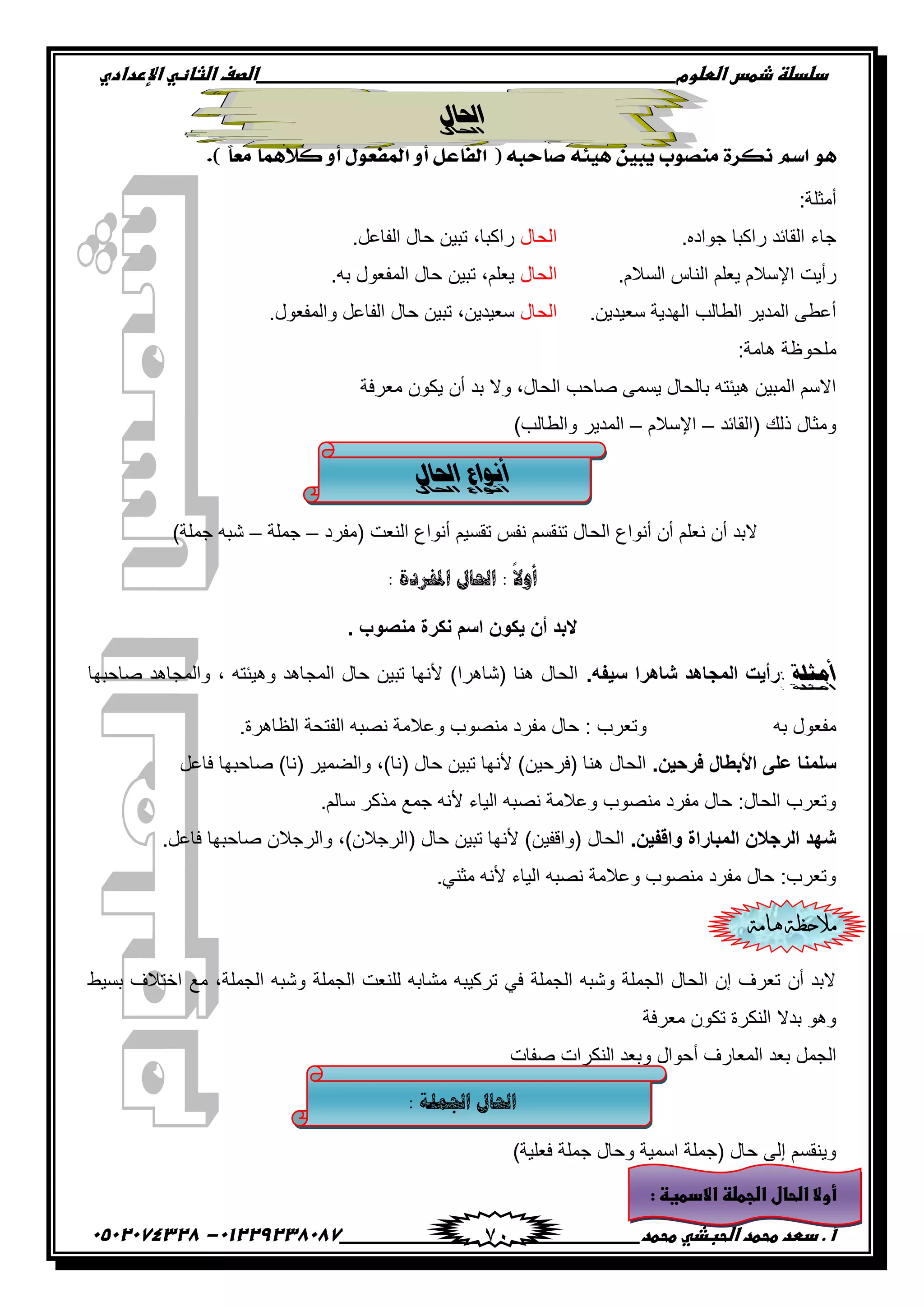 ‫دضدضظػذطسػاضطضوم‬‫ػػػػػػػػػػػػػػػػػػػػػػػػػػػػػػػػػػػػػػػػػػػػػػػػػػػػػػػػػػػػػػػػػػػػػػػػػػػػػػػػػػػػػػػػػػػػػػػػػػػػػػػػػػػػػػػػػػػػ‬‫اضصفػا‬‫ضثفظّٗػاإل‬‫ردادي‬
‫أػ.ػدطدػطحطدػاضحبذّٗػطحطد‬‫ػػػػػػػػػػػػػػػػػػػػػػػػػػػػػػػػػػػػػػ‬‫ػػػػػػػػػػػػػػػػػػػػػػػػػػػػػػػػػػػػػػػػػػػػػ‬01229238087-‫ػػ‬0502074328‫ػ‬ 71
‫احلبل‬
:‫أِضٍخ‬
.ٖ‫جٛاد‬ ‫ساوجب‬ ‫اٌمبئذ‬ ‫جبء‬‫اٌذبي‬.ً‫اٌفبػ‬ ‫دبي‬ ٓ١‫رج‬ ,‫ساوجب‬
َ‫اإلسال‬ ‫سأ٠ذ‬.َ‫اٌسال‬ ‫إٌبس‬ ٍُ‫٠ؼ‬‫اٌذبي‬.ٗ‫ث‬ ‫اٌّفؼٛي‬ ‫دبي‬ ٓ١‫رج‬ ,ٍُ‫٠ؼ‬
.ٓ٠‫سؼ١ذ‬ ‫اٌٙذ٠خ‬ ‫اٌطبٌت‬ ‫اٌّذ٠ش‬ ٝ‫أػط‬‫اٌذبي‬.‫ٚاٌّفؼٛي‬ ً‫اٌفبػ‬ ‫دبي‬ ٓ١‫رج‬ ,ٓ٠‫سؼ١ذ‬
:‫٘بِخ‬ ‫ٍِذٛظخ‬
‫ِؼشفخ‬ ْٛ‫٠ى‬ ْ‫أ‬ ‫ثذ‬ ‫ٚال‬ ,‫اٌذبي‬ ‫صبدت‬ ّٝ‫٠س‬ ‫ثبٌذبي‬ ٗ‫٘١ئز‬ ٓ١‫اٌّج‬ ُ‫االس‬
‫(اٌمبئذ‬ ‫رٌه‬ ‫ِٚضبي‬–َ‫اإلسال‬–)‫ٚاٌطبٌت‬ ‫اٌّذ٠ش‬
‫أنوا‬‫احلبل‬ ‫ع‬
‫(ِفشد‬ ‫إٌؼذ‬ ‫أٔٛاع‬ ُ١‫رمس‬ ‫ٔفس‬ ُ‫رٕمس‬ ‫اٌذبي‬ ‫أٔٛاع‬ ْ‫أ‬ ٍُ‫ٔؼ‬ ْ‫أ‬ ‫الثذ‬–‫جٍّخ‬–)‫جٍّخ‬ ٗ‫شج‬
: ‫املفزدج‬ ‫احلال‬ :
ً
‫أوال‬
‫ٌكون‬ ‫أن‬ ‫البد‬. ‫منصوب‬ ‫نكرة‬ ‫اسم‬
: ‫أمثهخ‬.‫سٌفه‬ ‫شاهرا‬ ‫المجاهد‬ ‫رأٌت‬‫صبدجٙب‬ ‫ٚاٌّجب٘ذ‬ , ٗ‫ٚ٘١ئز‬ ‫اٌّجب٘ذ‬ ‫دبي‬ ٓ١‫رج‬ ‫ألٔٙب‬ )‫(شب٘شا‬ ‫ٕ٘ب‬ ‫اٌذبي‬
ٗ‫ث‬ ‫ِفؼٛي‬.‫اٌظب٘شح‬ ‫اٌفزذخ‬ ٗ‫ٔصج‬ ‫ٚػالِخ‬ ‫ِٕصٛة‬ ‫ِفشد‬ ‫دبي‬ : ‫ٚرؼشة‬
.‫فرحٌن‬ ‫األبطال‬ ‫على‬ ‫سلمنا‬ً‫فبػ‬ ‫صبدجٙب‬ )‫(ٔب‬ ‫ٚاٌعّ١ش‬ ,)‫(ٔب‬ ‫دبي‬ ٓ١‫رج‬ ‫ألٔٙب‬ )ٓ١‫(فشد‬ ‫ٕ٘ب‬ ‫اٌذبي‬
.ٌُ‫سب‬ ‫ِزوش‬ ‫جّغ‬ ٗٔ‫أل‬ ‫اٌ١بء‬ ٗ‫ٔصج‬ ‫ٚػالِخ‬ ‫ِٕصٛة‬ ‫ِفشد‬ ‫دبي‬ :‫اٌذبي‬ ‫ٚرؼشة‬
.‫واقفٌن‬ ‫المباراة‬ ‫الرجالن‬ ‫شهد‬‫اٌذبي‬.ً‫فبػ‬ ‫صبدجٙب‬ ْ‫ٚاٌشجال‬ ,)ْ‫(اٌشجال‬ ‫دبي‬ ٓ١‫رج‬ ‫ألٔٙب‬ )ٓ١‫(ٚالف‬
.ٟٕ‫ِض‬ ٗٔ‫أل‬ ‫اٌ١بء‬ ٗ‫ٔصج‬ ‫ٚػالِخ‬ ‫ِٕصٛة‬ ‫ِفشد‬ ‫دبي‬ :‫ٚرؼشة‬
‫هامة‬ ‫مالحظة‬
‫ثس١ط‬ ‫اخزالف‬ ‫ِغ‬ ,‫اٌجٍّخ‬ ٗ‫ٚشج‬ ‫اٌجٍّخ‬ ‫ٌٍٕؼذ‬ ٗ‫ِشبث‬ ٗ‫رشو١ج‬ ٟ‫ف‬ ‫اٌجٍّخ‬ ٗ‫ٚشج‬ ‫اٌجٍّخ‬ ‫اٌذبي‬ ْ‫إ‬ ‫رؼشف‬ ْ‫أ‬ ‫الثذ‬
‫ِؼشفخ‬ ْٛ‫رى‬ ‫إٌىشح‬ ‫ثذال‬ ٛ٘ٚ
‫ثؼذ‬ ًّ‫اٌج‬‫صفبد‬ ‫إٌىشاد‬ ‫ٚثؼذ‬ ‫أدٛاي‬ ‫اٌّؼبسف‬
: ‫اجلمهح‬ ‫احلال‬
)‫فؼٍ١خ‬ ‫جٍّخ‬ ‫ٚدبي‬ ‫اسّ١خ‬ ‫(جٍّخ‬ ‫دبي‬ ٌٝ‫إ‬ ُ‫ٚ٠ٕمس‬
:‫أوالػاضحفلػاضجطضظػاالدطغظػ‬‫ػ‬
 