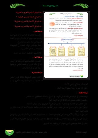 ‫الثانوى‬ ‫الثانى‬ ‫الصف‬ - ‫التاريخ‬ - ‫املعلم‬ ‫دليل‬ ‫الثالثة‬ ‫الوحدة‬
‫املستقلة‬ ‫والدول‬ ‫مصر‬
121
‫الصليبية؟‬ ‫للحروب‬ ‫السياسية‬ ‫الدوافع‬ ‫ما‬ •
‫؟‬ ‫الصليبية‬ ‫للحروب‬ ‫الدينية‬ ‫الدوافع‬ ‫ما‬ •
‫الصليبية؟‬ ‫للحروب‬ ‫االقتصادية‬ ‫الدوافع‬ ‫ما‬ •
‫الصليبية؟‬ ‫للحروب‬ ‫االجتامعية‬ ‫الدوافع‬ ‫ما‬ •
: ‫الحل‬ ‫مرحلة‬
‫العمل‬ ‫تقسم‬ ‫أن‬ ‫جمموعة‬ ‫كل‬ ‫ىف‬ ‫الطالب‬ ‫من‬ ‫اطلب‬ -
‫أعضاء‬‫من‬‫اثنني‬‫أو‬‫طالب‬‫كل‬‫يقوم‬‫بحيث‬‫بينها‬‫فيام‬
. ‫املوضوع‬ ‫من‬ ‫جانب‬ ‫بدراسة‬ ‫املجموعة‬
‫املجموعات‬ ‫ىف‬ ‫للطالب‬ ‫الوقت‬ ‫من‬ ‫فرصة‬ ‫اعط‬ -
. ‫هبا‬ ‫اخلاص‬ ‫اجلزء‬ ‫لدراسة‬ ‫املختلفة‬
.‫احلاجة‬ ‫عند‬ ‫وتدخل‬ ‫تعمل‬ ‫املجموعات‬ ‫اترك‬ -
: ‫االبداع‬ ‫مرحلة‬
‫توصلوا‬ ‫التى‬ ‫املعلومات‬ ‫تنظيم‬ ‫الطالب‬ ‫من‬ ‫اطلب‬ -
‫جدول‬ ‫أو‬ ‫تنظيمي‬ ‫خمطط‬ ‫أو‬ ‫تقرير‬ ‫شكل‬ ‫يف‬ ‫إليها‬
.‫استنتاجات‬ ‫إىل‬ ‫للتوصل‬ ‫وحتليله‬
: ‫المشاركة‬ ‫مرحلة‬
‫مجاعى‬ ‫تقرير‬ ‫بكتابة‬ ‫املجموعة‬ ‫أعضاء‬ ‫كلف‬ -
‫تم‬ ‫فيام‬ ‫األخرى‬ ‫املجموعات‬ ‫تشارك‬ ‫ثم‬ ، ‫تعلموه‬ ‫عام‬
.‫األخطاء‬ ‫وتصيح‬ ‫نتائج‬ ‫من‬ ‫إليه‬ ‫التوصل‬
. ‫واألفكار‬ ‫اآلراء‬ ‫معهم‬ ‫وتبادل‬ ‫جمموعة‬ ‫كل‬ ‫ناقش‬ -
: ‫التقويم‬ ‫مرحلة‬
. ‫العنارص‬ ‫تلك‬ ‫بني‬ ‫بالعالقة‬ ‫واملتعلقة‬ ‫السابق‬ ‫ىف‬ ‫طرحت‬ ‫التى‬ ‫األسئلة‬ ‫عن‬ ‫اإلجابة‬ ‫إىل‬ ‫الطالب‬ ‫وجه‬ -
. ‫إليها‬ ‫التوصل‬ ‫تم‬ ‫التى‬ ‫النقاط‬ ‫أهم‬ ‫تسجيل‬ ‫الطالب‬ ‫من‬ ‫اطلب‬ -
.‫املختلفة‬ ‫نظرهم‬ ‫ووجهات‬ ‫أفكارهم‬ ‫مجيع‬ ‫عن‬ ‫والتعبري‬ ،‫املناقشة‬ ‫يف‬ ‫االشرتاك‬ ‫عىل‬ ‫الطالب‬ ‫شجع‬ -
‫بني‬ ‫نقاش‬ ‫حيدث‬ ‫ألن‬ ‫كاملة‬ ‫الفرصة‬ ‫وأعط‬ ،‫الفصل‬ ‫أمام‬ ‫أفكارهم‬ ‫لعرض‬ ‫الطالب‬ ‫من‬ ‫عدد‬ ‫عشوايئ‬ ‫بشكل‬ ‫اخرت‬ ‫ا‬ً‫ري‬‫وأخ‬ -
.‫ا‬ً‫ع‬‫مجي‬ ‫الفصل‬ ‫طالب‬
‫عىل‬ ‫ليطلعوا‬ ،‫املدريس‬ ‫الكتاب‬ ‫إىل‬ ‫الطالب‬ ‫وجه‬ ‫ذلك‬ ‫بعد‬ ‫ثم‬ ،‫الطالب‬ ‫عليها‬ ‫جيمع‬ ‫التي‬ ‫والقيم‬ ‫األفكار‬ ‫أهم‬ ‫السبورة‬ ‫عىل‬ ‫دون‬ -
.‫ألفكارهم‬ ‫الذايت‬ ‫التقويم‬ ‫مهارة‬ ‫عىل‬ ‫لطالبك‬ ‫تدريب‬ ‫ذلك‬ ‫ويف‬ ،‫الشام‬ ‫بالد‬ ‫ىف‬ ‫الصليبية‬ ‫واملالك‬ ‫اإلمارات‬ ‫توضح‬ ‫التى‬ ‫اخلريطة‬
‫الصليبيني‬ ‫ضد‬ ‫اجلهاد‬ ‫بعنوانأدوار‬ ‫الدرس‬ ‫من‬ ‫جديدة‬ ‫نقطة‬ ‫إىل‬ ‫انتقل‬ -
∂«dÉªŸGhÚ«HƒjC’G…ô°üY≈aô°üe
112…ƒfÉãdG ÊÉãdG ∞°ü∏d-ïjQÉàdG
.≈fOC’G¥ô°ûdGOÓH»aá«°SÉ«°ùdG´É°VhC’G:k’hCG
:OGó¨H »a á«°SÉÑ©dG áaÓîdG ∞©°V
, :á«°SÉ«°ùdG äÉeÉ°ù≤f’G
...É¡aô©ààd»dÉàdGπµ°ûdGßM’
1
...É¡aô©ààdá«dÉàdGá£jôîdGßM’
 