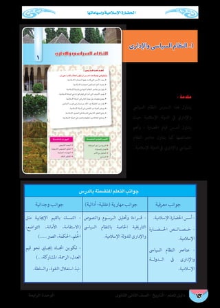 ‫وإسهاماتها‬ ‫اإلسالمية‬ ‫احلضارة‬
‫الثانوى‬ ‫الثانى‬ ‫الصف‬ - ‫التاريخ‬ - ‫املعلم‬ ‫دليل‬‫الرابعة‬ ‫الوحدة‬ 142
‫واإلدارى‬‫السياسي‬‫النظام‬.1
‫بالدرس‬ ‫املتضمنة‬ ‫التعلم‬ ‫جوانب‬
‫معرفية‬ ‫جوانب‬)‫أدائية‬ -‫(عقلية‬ ‫مهارية‬ ‫جوانب‬‫وجدانية‬ ‫جوانب‬
.‫اإلسالمية‬ ‫احلضارة‬ ‫أسس‬ -
‫��ارة‬�‫��ض‬�‫احل‬ ‫خ��ص��ائ��ص‬ -
.‫اإلسالمية‬
‫السياىس‬ ‫النظام‬ ‫عنارص‬ -
‫ل��ة‬‫و‬‫ال��د‬ ‫ىف‬ ‫واإلدارى‬
.‫اإلسالمية‬
‫والنصوص‬ ‫�وم‬�‫�رس‬�‫ال‬ ‫وحتليل‬ ‫ق��راءة‬ -
‫السياىس‬ ‫بالنظام‬ ‫اخلاصة‬ ‫التارخيية‬
.‫اإلسالمية‬ ‫لة‬‫و‬‫للد‬ ‫واإلدارى‬
‫مثل‬ ‫اإلجيابية‬ ‫بالقيم‬ ‫التمسك‬ -
،‫التواضع‬ ،‫األمانة‬ ،‫(االستقامة‬
).....‫الصرب‬ ،‫احلكمة‬ ،‫لم‬ُ‫احل‬
‫قيم‬ ‫نحو‬ ‫�اىب‬�‫إجي‬ ‫�اه‬�‫اجت‬ ‫تكوين‬ -
).. ،‫املشاركة‬ ،‫الرمحة‬ ،‫العدل‬
.‫والسلطة‬ ،‫النفوذ‬ ‫استغالل‬ ‫-نبذ‬
: ‫مقدمة‬
‫السيايس‬ ‫النظام‬ ‫ال��درس‬ ‫هذا‬ ‫يتناول‬
‫حيث‬ ‫اإلسالمية‬ ‫لة‬‫و‬‫الد‬ ‫يف‬ ‫واإلداري‬
‫وأهم‬ ، ‫احلضارة‬ ‫قيام‬ ‫�س‬�‫أس‬ ‫يتناول‬
‫النظام‬ ‫عنارص‬ ‫يتناول‬ ‫كام‬ ‫خصائصها‬
. ‫اإلسالمية‬ ‫لة‬‫و‬‫الد‬ ‫يف‬ ‫واإلداري‬ ‫السيايس‬
:¿CG»∏YGkQOÉbÖdÉ£dG¿ƒµj¿CG¢SQódGGògájÉ¡f»`a™bƒàj
●
●
●
●
áæª°†àªdGÉjÉ°†≤dGhº«≤dG
●
●
●
●
áæª°†àªdGäGQÉ¡ªdG
1
: ‫اﻟﺪرس‬ ‫أﻫﺪاف‬
 