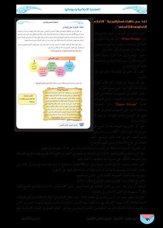‫وإسهاماتها‬ ‫اإلسالمية‬ ‫احلضارة‬
‫الثانوى‬ ‫الثانى‬ ‫الصف‬ - ‫التاريخ‬ - ‫املعلم‬ ‫دليل‬‫الثانية‬ ‫الوحدة‬ 148
‫التعلم‬  ‫استراتيجية‬ ‫طالبك‬ ‫مع‬ ‫نفذ‬
.  ‫التكاملى‬ ‫التعاونى‬
‫باملجموعات‬ ‫تعرف‬ ‫جمموعات‬ ‫إىل‬ ‫الطالب‬ ‫قسم‬ -
‫من‬ ‫تتكون‬ ‫جمموعة‬ ‫كل‬  Home Groups ‫األم‬
.‫متنوعني‬ ‫نوا‬‫و‬‫يك‬ ‫أن‬ ‫وجيب‬ ‫طالب‬ ‫ستة‬ ‫إىل‬ ‫مخسة‬
. ‫هلا‬ ‫ا‬ً‫قائد‬ ‫يكون‬ ‫املجموعة‬ ‫ىف‬ ‫طالب‬ ‫عني‬ -
‫تتناول‬ ‫بحيث‬ ‫أجزاء‬ ‫عدة‬ ‫إىل‬ ‫املوضوع‬ ‫قسم‬ -
‫واملجموعة‬،‫الدواوين‬‫نشأة‬‫أسباب‬‫األوىل‬‫املجموعة‬
.‫الدواوين‬ ‫أنواع‬ ‫الثانية‬
‫هذه‬ ‫من‬ ‫بجزء‬ ‫املجموعة‬ ‫ىف‬ ‫عضو‬ ‫كل‬ ‫كلف‬ -
.‫األجزاء‬
‫لقراءة‬ ‫طالب‬ ‫لكل‬ ‫الوقت‬ ‫من‬ ‫فرصة‬ ‫هلم‬ ‫وفر‬ -
.‫به‬ ‫ا‬ً‫ري‬‫خب‬ ‫يصبح‬ ‫حتى‬ ‫ا‬ً‫جيد‬ ‫اجلزء‬ ‫هذا‬ ‫ودراسة‬
‫الذين‬ ‫من‬ ‫املختلفة‬ ‫املجموعات‬ ‫ىف‬ ‫الطالب‬ ‫يتقابل‬ -
‫جمموعات‬ ‫تسمى‬ ‫جمموعات‬ ‫ىف‬ ‫األجزاء‬ ‫نفس‬ ‫درسوا‬
‫املعلومات‬ ‫لتبادل‬ Expert Groups ‫برة‬�‫اخل‬
‫تقرير‬ ‫إىل‬ ‫والتوصل‬ ‫تعلموها‬ ‫التي‬ ‫األجزاء‬ ‫ومناقشة‬
‫أو‬ ‫صور‬ ‫أو‬ ‫معلومات‬ ‫يشمل‬ ‫املوضوع‬ ‫عن‬ ‫جممع‬
.‫بيانية‬ ‫رسومات‬
‫عىل‬ ‫أصبح‬ ‫أن‬ ‫بعد‬ ‫جمموعته‬ ‫إىل‬ ‫طالب‬ ‫كل‬ ‫يعود‬ -
‫ويقوم‬ ‫بدراسته‬ ‫املكلف‬ ‫باجلزء‬ ‫كبرية‬ ‫ودراية‬ ‫علم‬
‫املعلم‬ ‫ويشجع‬ ‫اجلزء‬ ‫هذا‬ ‫الفريق‬ ‫أعضاء‬ ‫بتعليم‬
. ‫واإليضاح‬ ‫الفهم‬ ‫من‬ ‫ملزيد‬ ‫األسئلة‬ ‫طرح‬ ‫عىل‬ ‫الطالب‬
. ‫تواجههم‬ ‫صعوبات‬ ‫أى‬ ‫حل‬ ‫عىل‬ ‫املجموعات‬ ‫ومساعدة‬ ‫العمل‬ ‫سري‬ ‫ملتابعة‬ ‫املجموعات‬ ‫بني‬ ‫املعلم‬ ‫مير‬ -
،‫املتنوعة‬‫نظرهم‬‫ووجهات‬‫أفكارهم‬‫مجيع‬‫عن‬‫التعبري‬‫عىل‬‫وشجعهم‬،‫املناقشة‬‫يف‬‫لالشرتاك‬‫الفصل‬‫طالب‬‫جلميع‬‫الفرصة‬‫اعط‬-
.‫عليها‬ ‫واالتفاق‬ ‫مناقشتها‬ ‫بعد‬ ‫السبورة‬ ‫عىل‬ ‫األفكار‬ ‫هذه‬ ‫أهم‬ ‫ودون‬
‫عىل‬ ‫العدل‬ ‫وأثر‬ ‫الوصية‬ ‫هذه‬ ‫عليه‬ ‫تدل‬ ‫ما‬ ‫واستنتاج‬  ‫للقضاة‬  ‫الله‬ ‫رسول‬ ‫وصية‬ ‫اخلاص‬ ‫النشاط‬ ‫مبناقشة‬ ‫الطالب‬ ‫كلف‬ -
.‫السبورة‬ ‫عىل‬ ‫عليها‬ ‫بعداالتفاق‬ ‫معلومات‬ ‫من‬ ‫إليه‬ ‫توصلوا‬ ‫ما‬ ‫وتسجيل‬ ‫املجتمعات‬ ‫استقرار‬
.‫تعلموه‬ ‫عام‬ ‫مجاعي‬ ‫تقرير‬ ‫بكتابة‬ ‫املجموعة‬ ‫أعضاء‬ ‫ذلك‬ ‫بعد‬ ‫يقوم‬ -
.‫متكامل‬ ‫بشكل‬ ‫املوضوع‬ ‫وخلص‬ ‫التقارير‬ ‫هذه‬ ‫الطالب‬ ‫مع‬ ‫ناقش‬ -
‫كيف‬‫و‬ ‫اجلميع‬ ‫بني‬ ‫واملساواة‬ ‫العدل‬ ‫تطبيق‬ ‫أمهية‬ ‫وهى‬ ، ‫الدرس‬ ‫قضية‬ ‫عىل‬ ‫لطالبك‬ -‫املعلم‬ ‫عزيزي‬ – ‫هنا‬ ‫كز‬‫تر‬ ‫أن‬ ‫-(وحاول‬
‫املجتمع؟‬ ‫يف‬ ‫االستقرار‬ ‫حتقيق‬ ‫يف‬ ‫هذا‬ ‫يسهم‬ ‫أن‬ ‫ميكن‬
‫الوظائف‬ ‫أهم‬ ‫من‬ ‫اإلسالمية‬ ‫لة‬‫و‬‫الد‬ ‫يف‬ ‫القضايئ‬ ‫النظام‬ ‫:يعد‬ ً‫ال‬‫قائ‬ ‫طالبك‬ ‫إىل‬ ‫وحتدث‬ ‫الدرس‬ ‫من‬ ‫جديد‬ ‫عنرص‬ ‫إىل‬ ‫انتقل‬ -
‫الناس‬ ‫بني‬ ‫الفصل‬ ‫ومهمته‬ ،‫وغريها‬ ‫واحلسبة‬ )‫(األوقاف‬ ‫األحباس‬ ‫منها‬ ‫أنظمة‬ ‫عدة‬ ‫عىل‬ ‫اإلرشاف‬ ‫مهمته‬ ‫كانت‬‫و‬ ‫للخالفة‬ ‫التابعة‬
‫احتل‬ ‫اإلسالمية‬ ‫احلضارة‬ ‫يف‬ ‫القضايئ‬ ‫النظام‬ ‫ا‬ ‫فإن‬ ‫هنا‬ ‫ومن‬ ،‫والسنة‬ ‫الكتاب‬ ‫من‬ ‫املستقاة‬ ‫الرشعية‬ ‫لألحكام‬ ‫ًا‬‫ق‬‫طب‬ ‫اخلصومات‬ ‫يف‬
…QGOE’Gh »°SÉ«°ùdG ΩÉ¶ædG
130
.¿Gó∏ÑdG ≈∏Y IQÉeE’G :ÉkãdÉK
À
.IQÉeE’G »a »dGƒdG QhO á«ªgCG ±ô©àf Ék©e ∫É©J ¿B’Gh
...∂ª∏©e ¢ûbÉf
·ÜÉ£îdGøHôªYπeÉ©J∞«c-
?I’ƒdG ™e
I’ƒdG áÑ°SÉëe
·


»dGƒ``dG QhO
...É¡aô©ààd »dÉàdG ¢üædG CGôbG
 