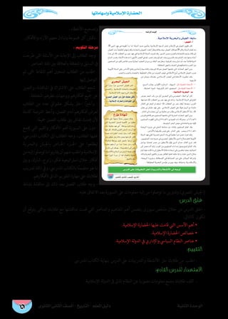 ‫وإسهاماتها‬ ‫اإلسالمية‬ ‫احلضارة‬
‫الثانوى‬ ‫الثانى‬ ‫الصف‬ - ‫التاريخ‬ - ‫املعلم‬ ‫دليل‬ ‫الثانية‬ ‫الوحدة‬151
. ‫األخطاء‬ ‫وتصحيح‬
.‫واألفكار‬ ‫اآلراء‬ ‫معهم‬ ‫وتبادل‬ ‫جمموعة‬ ‫كل‬ ‫ناقش‬ -
: ‫التقويم‬ ‫مرحلة‬
‫طرحت‬‫التى‬‫األسئلة‬‫عن‬‫اإلجابة‬‫إىل‬‫الطالب‬‫وجه‬-
. ‫العنارص‬ ‫تلك‬ ‫بني‬ ‫بالعالقة‬ ‫واملتعلقة‬ ‫السابق‬ ‫ىف‬
‫تم‬ ‫التى‬ ‫النقاط‬ ‫أهم‬ ‫تسجيل‬ ‫الطالب‬ ‫من‬ ‫اطلب‬ -
. ‫إليها‬ ‫التوصل‬
‫والتعبري‬ ،‫املناقشة‬ ‫يف‬ ‫االشرتاك‬ ‫عىل‬ ‫الطالب‬ ‫شجع‬ -
.‫املختلفة‬ ‫نظرهم‬ ‫ووجهات‬ ‫أفكارهم‬ ‫مجيع‬ ‫عن‬
‫الطالب‬ ‫من‬ ‫عدد‬ ‫عشوايئ‬ ‫بشكل‬ ‫اخرت‬ ‫ا‬ً‫ري‬‫وأخ‬ -
‫كاملة‬ ‫الفرصة‬ ‫وأعط‬ ،‫الفصل‬ ‫أمام‬ ‫أفكارهم‬ ‫لعرض‬
.‫ا‬ً‫ع‬‫مجي‬ ‫الفصل‬ ‫طالب‬ ‫بني‬ ‫نقاش‬ ‫حيدث‬ ‫ألن‬
‫جيمع‬ ‫التي‬ ‫والقيم‬ ‫األفكار‬ ‫أهم‬ ‫السبورة‬ ‫عىل‬ ‫دون‬ -
،‫املدريس‬ ‫الكتاب‬ ‫إىل‬ ‫الطالب‬ ‫وجه‬ ،‫الطالب‬ ‫عليها‬
‫والبحرية‬ ‫باجليش‬ ‫�اص‬�‫اخل‬ ‫�زء‬�‫اجل‬ ‫عىل‬ ‫ليطلعوا‬
‫من‬‫إليه‬‫توصلوا‬‫ما‬‫نوا‬‫ر‬‫يقا‬‫أن‬‫منهم‬‫واطلب‬‫اإلسالمية‬
‫وبني‬ ،‫شارك‬ ،‫زاوج‬ ،‫فكر‬ ‫اسرتاتيجية‬ ‫خالل‬ ‫أفكار‬
‫تدريب‬ ‫ذلك‬ ‫ويف‬ ،‫املدريس‬ ‫بالكتاب‬ ‫ا‬ً‫ن‬‫متضم‬ ‫هو‬ ‫ما‬
.‫ألفكارهم‬ ‫الذايت‬ ‫التقويم‬ ‫مهارة‬ ‫عىل‬ ‫لطالبك‬
‫نشاط‬ ‫مناقشة‬ ‫إىل‬ ‫ذلك‬ ‫بعد‬ ‫الفصل‬ ‫طالب‬ ‫وجه‬ -
.‫عليه‬ ‫االتفاق‬ ‫بعد‬ ‫السبورة‬ ‫عىل‬ ‫معلومات‬ ‫إليه‬ ‫من‬ ‫توصلوا‬ ‫ما‬ ‫وتدوين‬ )‫املرصي‬ ‫(اجليش‬
:‫الدرس‬ ‫غلق‬
‫أن‬ ‫يتوقع‬ ‫والتى‬ ،‫طالبك‬ ‫مع‬ ‫مبناقشتها‬ ‫قمت‬ ‫التي‬ ‫والعنارص‬ ‫املفاهيم‬ ‫أهم‬ ‫يتضمن‬ ‫سبورى‬ ‫ملخص‬ ‫خالل‬ ‫من‬ ‫الدرس‬ ‫اغلق‬ -
:‫كالتاىل‬ ‫تكون‬
.‫اإلسالمية‬ ‫احلضارة‬ ‫عليها‬ ‫قامت‬ ‫التي‬ ‫األسس‬ ‫أهم‬ •
.‫اإلسالمية‬ ‫احلضارة‬ ‫خصائص‬ •
.‫اإلسالمية‬ ‫لة‬‫و‬‫الد‬ ‫يف‬ ‫واإلداري‬ ‫السيايس‬ ‫النظام‬ ‫عنارص‬ •
:‫التقييم‬
.‫املدرىس‬ ‫الكتاب‬ ‫بنهاية‬ ‫الدرس‬ ‫عىل‬ ‫والتدريبات‬ ‫األنشطة‬ ‫حل‬ ‫طالبك‬ ‫من‬ ‫اطلب‬ -
:‫القادم‬ ‫للدرس‬ ‫االستعداد‬
.‫اإلسالمية‬ ‫لة‬‫و‬‫الد‬ ‫ىف‬ ‫املاىل‬ ‫النظام‬ ‫عن‬ ‫مصورة‬ ‫معلومات‬ ‫بجمع‬ ‫طالبك‬ ‫كلف‬ -
á©HGôdGóMƒdG
133
.á«eÓ°SE’GájôëÑdGh¢û«édG:Ék©HÉ°S
:¢û«édG.CG
À
À
·
:á«eÓ°SE’GájôëÑdG .Ü
·
·
·
‫ﻣﺆﺭﺥ‬ ‫ﺷﻬﺎﺩﺓ‬


‫ﺍﻟﻤﺼﺮﻯ‬ ‫ﺍﻟﺠﻴﺶ‬
…ô°üªdG¢û«édGQhO∫ƒM∂ª∏©e¢ûbÉf
...á«eÓ°SE’G∑QÉ©ªdGhäÉMƒàØdG»a
¢SQódG≈∏YäÉ≤«Ñ£àdGπëdäÉÑjQóàdGhá£°ûfC’G≈dEG¬LƒJ
 