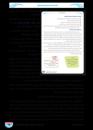 ‫الثانوى‬ ‫الثانى‬ ‫الصف‬ - ‫التاريخ‬ - ‫املعلم‬ ‫دليل‬ ‫الرابعة‬ ‫الوحدة‬
‫وإسهاماتها‬ ‫اإلسالمية‬ ‫احلضارة‬
163
á©HGôdG IóMƒdG
147
:á«eÓ°SE’G ádhódG »a IQÉéàdG QÉgORG πeGƒY
◆
◆
◆
◆
◆
: ΩÓ°SE’G QÉ°ûàfG »a IQÉéàdG ôKCG
»a IQÉéàdG »ªæf ¿CG øµªj ∞«c ◆
?»dÉëdG Éfô°üY
ádhódG ≈∏Y Oƒ©J »àdG óFGƒØdG Ée ◆
? IQÉéàdÉH ΩÉªàg’G óæY
™e ¢ûbÉf
:∂ª∏©e
... ¿CG º∏YG
QÉéàdG ø«H âªJ »àdG äGôgÉ°üªdG
πFÉÑ≤dG πgCG ø«Hh ø«ª∏°ùªdG
»a Ékjƒb ÉkÑÑ°S âfÉc á«≤jôaE’G
.ΩÓ°SE’G QÉ°ûàfG
‫املوضوع‬ ‫وخلص‬ ‫التقارير‬ ‫هذه‬ ‫الطالب‬ ‫مع‬ ‫ناقش‬ -
.‫متكامل‬ ‫بشكل‬
‫نشاط‬ ‫مناقشة‬ ‫إىل‬ ‫ذلك‬ ‫بعد‬ ‫الفصل‬ ‫طالب‬ ‫وجه‬ -
‫ما‬ ‫وتدوين‬ )‫الغرب‬ ‫عىل‬ ‫تسطع‬ ‫العرب‬ ‫(شمس‬
.‫السبورة‬ ‫عىل‬ ‫معلومات‬ ‫من‬ ‫إليه‬ ‫توصلوا‬
‫هو‬ ‫باتقان‬ ‫العمل‬ ‫أداء‬ ‫أن‬ ‫عىل‬ ‫املعلم‬ ‫عزيزي‬ ‫أكد‬ -
.‫احلياة‬ ‫يف‬ ‫للنجاح‬ ‫السبل‬ ‫أهم‬ ‫من‬
‫النشاط‬ ‫خريطة‬ ‫يتأملوا‬ ‫أن‬ ‫طالبك‬ ‫من‬ ‫اطلب‬ -
‫التساؤل‬‫عليهم‬‫أطرح‬‫ثم‬‫املدريس‬‫بالكتاب‬‫التجارى‬
:‫بسيطة‬ ‫مناقشة‬ ‫حوهلا‬ ‫وإعقد‬ ،‫التايل‬
‫لة‬‫و‬‫الد‬ ‫يف‬ ‫التجارى‬ ‫النشاط‬ ‫مراكز‬ ‫أهم‬ ‫حدد‬ -
.‫وتوزيعها‬ ‫اإلسالمية‬
‫بالتجارة‬ ‫اخلاص‬ ‫الدرس‬ ‫من‬ ‫جديد‬ ‫عنرص‬ ‫إىل‬ ‫انتقل‬ -
‫ازدهرت‬ :ً‫ال‬‫قائ‬ ‫أخرى‬ ‫مرة‬ ‫الطالب‬ ‫إىل‬ ‫وحتدث‬
‫اإلسالمية‬‫لة‬‫و‬‫الد‬‫فاتبعت‬‫اإلسالمية‬‫لة‬‫و‬‫الد‬‫يف‬‫التجارة‬
‫خمتلف‬‫بني‬‫السلع‬‫نقل‬‫تقيد‬‫فلم‬‫التجارة‬‫حرية‬‫سياسة‬
‫أية‬ ‫جتارة‬ ‫حتتكر‬ ‫ومل‬ ،‫اإلسالمية‬ ‫لة‬‫و‬‫الد‬ ‫واليات‬
‫ساد‬ ‫اإلسالم‬ ‫لة‬‫و‬‫د‬ ّ‫ظل‬ ‫ويف‬ ،‫مبادلتها‬ ‫متنع‬ ‫أو‬ ‫بضاعة‬
.‫واملنتجات‬ ‫السلع‬ ‫وتوفرت‬ ‫التجارة‬ ‫وازدهرت‬ ، ‫الطرق‬ ‫وقطاع‬ ‫اللصوص‬ ‫وقمع‬ ،‫األوطان‬ ‫ربوع‬ ‫يف‬ ‫األمن‬
‫هلم‬ ‫واترك‬ ،‫صامتة‬ ‫قراءة‬ ‫التجارة‬ ‫انتشار‬ ‫بعوامل‬ ‫اخلاص‬ ‫اجلزء‬ ‫يقرأوا‬ ‫أن‬ ‫منهم‬ ‫اطلب‬ ‫ثم‬ ‫املدريس‬ ‫الكتاب‬ ‫إىل‬ ‫الطالب‬ ‫وجه‬ -
‫بعض‬ ‫اخرت‬ ‫ثم‬ ،‫الفصل‬ ‫طالب‬ ‫باقي‬ ‫أمام‬ ‫اجلزد‬ ‫هذا‬ ‫حول‬ ‫التساؤالت‬ ‫بعض‬ ‫لطرح‬ ‫الطالب‬ ‫أحد‬ ‫اخرت‬ ‫ثم‬ ،‫لذلك‬ ‫الكايف‬ ‫الوقت‬
. ‫التساؤالت‬ ‫هذه‬ ‫عن‬ ‫لإلجابة‬ ‫عشوايئ‬ ‫بشكل‬ ‫الطالب‬
.‫االسالمية‬ ‫لة‬‫و‬‫الد‬ ‫يف‬ ‫التجارة‬ ‫ازدهار‬ ‫إىل‬ ‫أدت‬ ‫التي‬ ‫العوامل‬ ‫طالبك‬ ‫مع‬ ‫خلص‬ -
،‫اإلسالم‬‫نرش‬ ‫يف‬‫التجارة‬‫بأثر‬ ‫اخلاص‬‫اجلزء‬ ‫بقراءة‬‫يقوموا‬‫أن‬ ‫منهم‬‫اطلب‬‫ثم‬ ‫أخرى‬‫مرة‬‫املدريس‬ ‫الكتاب‬ ‫إىل‬‫الطالب‬ ‫وجه‬-
‫ارتباط‬ :‫ييل‬ ‫ما‬ ‫يف‬ ‫إمجاهلا‬ ‫ميكن‬ ‫والتي‬ ‫انتشاراإلسالم‬ ‫يف‬ ‫التجارة‬ ‫أثر‬ ‫عىل‬ ‫تؤكد‬ ‫أن‬ ‫حاول‬ ‫النهاية‬ ‫يف‬ ‫ثم‬ ، ‫فيه‬ ‫مبناقشتهم‬ ‫وقم‬
‫فضال‬ ، ‫وأدهبم‬ ‫املسلمني‬ ‫التجار‬ ‫أخالق‬ ‫سن‬ ُ‫وح‬ ،‫إفريقيا‬ ‫بشامل‬ ‫السياسية‬ ‫الكيانات‬ ‫ودور‬ ،‫اإلفريقية‬ ‫بالقارة‬ ‫األوائل‬ ‫املسلمون‬
‫هذا‬ ‫ليس‬ ،‫إفريقيا‬ ‫ورشق‬ ‫العربية‬ ‫اجلزيرة‬ ‫شبه‬ ‫بني‬ ‫ما‬ ‫الوثيقة‬ ‫والعالقات‬ ‫التجارية‬ ‫الرحالت‬ ‫طريق‬ ‫عن‬ ‫اإلسالم‬ ‫انتشار‬ ‫عىل‬
‫لو‬‫و‬‫س‬ ‫وجزر‬ ‫والصني‬ ‫اهلند‬ ‫مثل‬ ‫املسلمني‬‫عليها‬‫تغلب‬‫التي‬‫األطراف‬‫من‬‫كثري‬‫يف‬‫اإلسالمية‬‫اجلاليات‬‫ازدهار‬‫ساهم‬ ‫بل‬‫فحسب‬
‫اإلفريقية‬ ‫القبائل‬ ‫أهل‬ ‫وبني‬ ‫املسلمني‬ ‫التجار‬ ‫بني‬ ‫متت‬ ‫التي‬ ‫املصاهرات‬ ‫لعبت‬ ‫لقد‬‫و‬ ،‫البالد‬ ‫هبذه‬ ‫اإلسالم‬ ‫انتشار‬ ‫يف‬ )‫(الفلبني‬
 