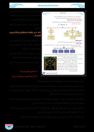 ‫الثانوى‬ ‫الثانى‬ ‫الصف‬ - ‫التاريخ‬ - ‫املعلم‬ ‫دليل‬ ‫الرابعة‬ ‫الوحدة‬
‫وإسهاماتها‬ ‫اإلسالمية‬ ‫احلضارة‬
171
‫نشاطي‬ ‫مناقشة‬ ‫إىل‬ ‫ذلك‬ ‫بعد‬ ‫الفصل‬ ‫طالب‬ ‫وجه‬ -
) ‫واخللفاء‬ ‫الرجال‬ ‫من‬َّ‫ل‬‫ع‬ ‫نساء‬‫و‬ ،‫العلامء‬ ‫(مكانة‬
.‫السبورة‬ ‫عىل‬ ‫معلومات‬ ‫من‬ ‫إليه‬ ‫توصلوا‬ ‫ما‬ ‫ودون‬
‫لة‬‫و‬‫الد‬ ‫يف‬ ‫بالعلوم‬ ‫اخل��اص‬ ‫اجل��زء‬ ‫إىل‬ ‫انتقل‬ -
.‫اإلسالمية‬
‫التدريس‬ ‫استراتيجية‬ ‫طالبك‬ ‫مع‬ ‫نفذ‬
.‫التبادىل‬
‫الدينية‬ ‫بالعلوم‬ ‫اخلاص‬ ‫اجلزء‬ ‫بقراءة‬ ‫الطالب‬ ‫كلف‬ -
‫أن‬ ‫عىل‬ ‫فيها‬ ‫التى‬ ‫الرئيسة‬ ‫األفكار‬ ‫واستخالص‬
. ‫صغرية‬ ‫مجل‬ ‫ىف‬ ‫بوضعها‬ ‫يقوموا‬
‫مع‬ ‫ئيسة‬‫ر‬‫ال‬ ‫األفكار‬ ‫هذه‬ ‫ربط‬ ‫الطالب‬ ‫من‬ ‫اطلب‬ -
. ‫ملخصة‬ ‫فقرة‬ ‫شكل‬ ‫ىف‬ ‫كتابتها‬‫و‬ ‫البعض‬ ‫بعضها‬
‫عليها‬ ‫أسئلة‬ ‫ووضع‬ ‫الفقرة‬ ‫ملخص‬ ‫بقراءة‬ ‫كلفهم‬ -
: ‫مثل‬
‫الدينية؟‬ ‫العلوم‬ ‫املقصود‬ ‫ما‬ •
‫؟‬ ‫عنها‬ ‫وحتدث‬ ‫الدينية‬ ‫للعلوم‬ ‫أمثلة‬ ‫اذكر‬ •
. ‫للفقرة‬ ‫فهمهم‬ ‫مدى‬ ‫من‬ ‫للتأكد‬ ‫وضعوها‬ ‫التى‬ ‫األسئلة‬ ‫عن‬ ‫اإلجابة‬ ‫منهم‬ ‫اطلب‬ -
‫األوربيني‬ ‫الطالب‬ ‫التصال‬ ‫كان‬ ‫الدينية‬ ‫العلوم‬ ‫يف‬ ‫أوربا‬ ‫عىل‬ ‫اإلسالمية‬ ‫احلضارة‬ ‫تأثري‬ ‫عىل‬ ‫تؤكد‬ ‫أن‬ ‫املعلم‬ ‫عزيزي‬ ‫هنا‬ ‫-حاول‬
‫وقد‬ ،‫لغاهتم‬ ‫إىل‬ ‫والترشيعية‬ ‫الفقهية‬ ‫األفكار‬ ‫من‬ ‫جمموعة‬ ‫نقل‬ ‫يف‬ ‫كبري‬ ‫أثر‬ ‫وغريها‬ ‫األندلس‬ ‫يف‬ ‫اإلسالمية‬ ‫واجلامعات‬ ‫باملدارس‬
.‫املاليك‬ ‫الفقه‬ ‫أحكام‬ ‫ببعض‬ ،‫نيس‬‫ر‬‫الف‬ ‫املدين‬ ‫القانون‬ ‫تأثر‬
‫اخلاصة‬‫العبارات‬‫وتكاد‬‫اإلسالمية‬‫الرشيعة‬‫يف‬‫جاء‬‫مبا‬‫م‬1967‫املرأة‬‫ضد‬‫التمييز‬‫عىل‬‫بالقضاء‬‫اخلاص‬‫العاملي‬‫اإلعالن‬‫تأثر‬‫كام‬
. ‫اإلسالمي‬ ‫الفقه‬ ‫يف‬ ‫كتب‬ ‫مما‬ ‫نسخة‬ ‫تكون‬ ‫نية‬‫و‬‫القان‬ ‫واألهلية‬ ‫واملرياث‬ ‫التملك‬ ‫يف‬ ‫بحقها‬
،‫اإلنسانية‬ ‫رقي‬ ‫يف‬ ‫كبري‬ ‫دور‬ ‫اإلسالمية‬ ‫للحضارة‬ :ً‫ال‬‫قائ‬ ‫أخرى‬ ‫مرة‬ ‫الطالب‬ ‫إىل‬ ‫وحتدث‬ ‫الدرس‬ ‫من‬ ‫جديد‬ ‫عنرص‬ ‫إىل‬ ‫انتقل‬ -
. ،‫االجتامع‬ ‫وعلم‬ ‫والتاريخ‬ ‫كالفلسفة‬ ‫العلوم‬ ‫من‬ ‫الكثري‬ ‫تطور‬ ‫يف‬ ‫سامهت‬ ‫فلقد‬
.‫واالجتامعية‬ ‫اإلنسانية‬ ‫بالعلوم‬ ‫اخلاص‬ ‫اجلزء‬ ‫يقرؤوا‬ ‫أن‬ ‫منهم‬ ‫اطلب‬ ‫ثم‬ ‫املدريس‬ ‫الكتاب‬ ‫إىل‬ ‫الطالب‬ ‫وجه‬ -
á©HGôdG IóMƒdG
155
:¢SQGóªdG äÉÑàµe
:á°UÉîdG äÉÑàµªdG
:á«eÓ°SE’G ádhódG »a Ωƒ∏©dG.3
:á«∏≤ædG Ωƒ∏©dG .CG
:á«æjódG Ωƒ∏©dG
‫ﷺ‬ :¿BGô≤dGô«°ùØJ


:äGAGô≤dGº∏Y
 
:åjóëdG º∏Y
‫ﷺ‬
Ωƒ∏©dG
á«æjódG
á¨∏dG Ωƒ∏Y
ÜOC’Gh
Ωƒ∏©dG
á«∏≤ædG
Ωƒ∏©dG
á«∏≤©dG
á«fÉ°ùfE’G Ωƒ∏©dG
á«YÉªàL’Gh
á«ÑjôéàdG Ωƒ∏©dG
á«≤«Ñ£àdGh
Ωƒ∏©dG ´GƒfCG
 