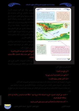 ‫الثانوى‬ ‫الثانى‬ ‫الصف‬ - ‫التاريخ‬ - ‫املعلم‬ ‫دليل‬ ‫األولى‬ ‫الوحدة‬
‫اإلسالم‬ ‫ظهور‬ ‫قبل‬ ‫العربية‬ ‫اجلزيرة‬ ‫شبه‬ ‫حضارات‬
29
‫�ان‬�‫األدي‬ ‫اح�ترام‬ ‫أمهية‬ ‫هلم‬ ‫ا‬ً‫مؤكد‬ ،‫املجتمعي‬
‫رغم‬ ‫واحرتامه‬ ‫األخر‬ ‫مع‬ ‫والتعايش‬ ،‫الساموية‬
‫اإلنساين‬ ‫الدويل‬ ‫القانون‬ ‫مببادي‬ ‫ا‬ً‫مستشهد‬ ،‫اختالفه‬
‫املدنية‬ ‫واملنشأت‬ ‫والنساء‬ ‫األرسى‬ ‫حقوق‬ ‫حيث‬
‫اضطهد‬ ‫الذى‬ ‫نواس‬ ‫ذو‬ ‫يوسف‬ ‫مبوقف‬ ‫ذلك‬ ‫نة‬‫ر‬‫ومقا‬
‫ذى‬ ‫بن‬ ‫سيف‬ ‫لة‬‫و‬‫وحما‬ ، ‫املسيحية‬ ‫اعتنق‬ ‫من‬ ‫كل‬
‫وهل‬ ،‫األحباش‬ ‫ظلم‬ ‫عىل‬ ‫باخلارج‬ ‫االستعانة‬ ‫يزن‬
‫االعتامد‬ ‫خطورة‬ ‫ا‬ ً‫موضح‬ ‫وملاذا؟‬ ‫ذلك؟‬ ‫عىل‬ ‫توافقه‬
‫مساندة‬ ‫ومعايري‬ ،‫البالد‬ ‫لتحرير‬ ‫الكربى‬ ‫الدول‬ ‫عىل‬
. ‫لألخرين‬ ‫الكربى‬ ‫الدول‬
‫قائدهم‬ ‫من‬ ‫واطلب‬ ‫الثانية‬ ‫املجموعة‬ ‫لطالب‬ ‫انتقل‬ -
.‫املجموعة‬ ‫إليها‬ ‫توصلت‬ ‫التى‬ ‫األفكار‬ ‫أهم‬ ‫عرض‬
:‫تكون‬ ‫أن‬ ‫املتوقع‬ ‫من‬ ‫والتى‬
.‫العربية‬ ‫اجلزيرة‬ ‫شبه‬ ‫غرب‬ ‫احلجاز‬ ‫بالد‬ ‫تقع‬ •
‫ثرب‬�‫وي‬ ‫مكة‬ ‫�از‬�‫�ج‬�‫احل‬ ‫ب�لاد‬ ‫�دن‬�‫م‬ ‫أشهر‬ ‫�ن‬�‫م‬ •
.‫والطائف‬
‫بعض‬ ‫طرح‬ ‫األخرى‬ ‫املجموعات‬ ‫لطالب‬ ‫-اسمح‬
‫املجموعة‬‫إليها‬‫توصل‬‫التى‬‫األفكار‬‫حول‬‫التساؤالت‬
:‫تكون‬ ‫املتوقع‬ ‫من‬ ‫والتى‬ ‫الثانية‬
‫احلجاز؟‬ ‫مدن‬ ‫تقع‬ ‫أين‬ •
‫شهرهتا؟‬ ‫أسباب‬ ‫وما‬ ‫احلجاز؟‬ ‫مدن‬ ‫أشهر‬ ‫ما‬ •
‫لألعداء؟‬ ‫ا‬ً‫ع‬‫مطم‬ ‫الطائف‬ ‫كانت‬ ‫ملاذا‬ •
.‫أمكن‬ ‫كلام‬ ‫الصعوبات‬ ‫وتذليل‬ ‫املساعدة‬ ‫هلم‬ ‫ا‬ً‫م‬‫مقد‬ ‫أقرانه‬ ‫تساؤالت‬ ‫عن‬ ‫اإلجابة‬ ‫عىل‬ ‫املجموعة‬ ‫قائد‬ ‫شجع‬ -
.‫معهم‬ ‫ناقشها‬‫و‬ )‫جدول‬ ‫أو‬ ، ‫معريف‬ ‫(شكل‬ ‫متنوعة‬ ‫بأساليب‬ ‫السبورة‬ ‫عىل‬ ‫اإلجابات‬ ‫تلخيص‬ ‫املجموعة‬ ‫مقرر‬ ‫من‬ ‫اطلب‬ -
‫أن‬ ‫املتوقع‬ ‫من‬ ‫والتى‬ .‫املجموعة‬ ‫إليها‬ ‫توصلت‬ ‫التى‬ ‫األفكار‬ ‫أهم‬ ‫عرض‬ ‫قائدهم‬ ‫من‬ ‫واطلب‬ ‫الثالثة‬ ‫املجموعة‬ ‫لطالب‬ ‫انتقل‬ -
:‫تكون‬
،‫الشام‬ ‫ىف‬ ‫واألنباط‬ ‫وتدمر‬ ‫الغساسنة‬ ‫مملكة‬ :‫منها‬ ‫عربية‬ ‫ممالك‬ ‫الشاملية‬ ‫العربية‬ ‫الصحراء‬ ‫أطراف‬ ‫عىل‬ ‫•قامت‬ 	
.‫العراق‬ ‫ىف‬ ‫احلرية‬ ‫ومملكة‬
.‫والروم‬ ‫الفرس‬ ‫لتى‬‫و‬‫د‬ ‫وبني‬ ‫العرب‬ ‫بني‬ ً‫فاصلا‬ ‫ا‬ًّ‫حد‬ ‫املاملك‬ ‫هذه‬ ‫•كانت‬ 	
…ƒfÉãdG ÊÉãdG ∞°ü∏d-ïjQÉàdG
ΩÓ°SE’G Qƒ¡X πÑb á«Hô©dG Iôjõ÷G ¬Ñ°T äGQÉ°†M
...¬aô©ààd »dÉàdG ¢üædG CGôbG ≈LQÉîdG hõ¨∏d ô«ªM ádhO â°Vô©J óbh
(Ω.¥115 -800) CÉÑ°S -Ü
Ÿ
(Ω.¥630-1300) ø«©e -CG
(Ω525:Ω.¥115)ôs«ª pM- `L
 
‫اﻟﻌﺮﺑﻴﺔ‬ ‫اﻟﺠﺰﻳﺮة‬ ‫ﺷﺒﻪ‬ ‫ﺟﻨﻮب‬ ‫ﻣﻤﺎﻟﻚ‬ (١)‫ﺧﺮﻳﻄﺔ‬
äÉ````°````SGQó````dG ¢```†```©```H äQÉ``````°``````TCG
ºjó≤dG ïjQÉàdG øY áãjóëdG
600) øe CÉÑ°S ádhO äÉjGóH ¿CG
ádhO ¿CGh , (Ω.¥115 : Ω.¥
Ω.¥400) ø````e CGó````Ñ````J ø``«``©``e
(Ω.¥ 50:25-
ÆÆÆÆÊ√ rK�«
 