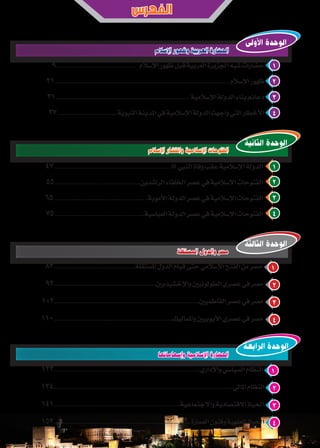 ‫اإلسالم‬ ‫وظهور‬ ‫العربية‬ ‫الحضارة‬
‫المستقلة‬ ‫والدول‬ ‫مصر‬
‫وإسهاماتها‬ ‫اإلسالمية‬ ‫الحضارة‬
‫اإلسالم‬ ‫وانتشار‬ ‫اإلسالمية‬ ‫الفتوحات‬
9....................................................... ‫اإلسالم‬ ‫ظهور‬ ‫قبل‬ ‫العربية‬ ‫اجلزيرة‬ ‫شبه‬ ‫حضارات‬ 1
21......................................................................................................................... ‫اإلسالم‬ ‫ظهور‬ 2
31............................................................................................. ‫اإلسالمية‬ ‫الدولة‬ ‫بناء‬ ‫دعائم‬ 3
37......................................... ‫النبوية‬ ‫املدينة‬ ‫في‬ ‫اإلسالمية‬ ‫الدولة‬ ‫واجهت‬ ‫التي‬ ‫األخطار‬ 4
83........................................................‫املستقلة‬ ‫الدول‬ ‫قيام‬ ‫حتى‬ ‫اإلسالمي‬ ‫الفتح‬ ‫من‬ ‫مصر‬ 1
92......................................................................‫واإلخشيديني‬ ‫الطولونيني‬ ‫عصري‬ ‫في‬ ‫مصر‬ 2
102....................................................................................................‫الفاطميني‬ ‫عصر‬ ‫في‬ ‫مصر‬ 3
110..................................................................................‫واملماليك‬ ‫األيوبيني‬ ‫عصري‬ ‫في‬ ‫مصر‬ 4
123.....................................................................................................‫واإلداري‬ ‫السياسي‬ ‫النظام‬ 1
134............................................................................................................................‫املالي‬ ‫النظام‬ 2
141.......................................................................................‫واالجتماعية‬ ‫االقتصادية‬ ‫احلياة‬ 3
152.............................................................................................. ‫العمارة‬ ‫وفنون‬ ‫العلمية‬ ‫احلياة‬ 4
‫الفهرس‬
‫األولى‬ ‫الوحدة‬
‫الثالثة‬ ‫الوحدة‬
‫الرابعة‬ ‫الوحدة‬
‫الثانية‬ ‫الوحدة‬
47................................................................................  ‫النبي‬ ‫وفاة‬ ‫عقب‬ ‫اإلسالمية‬ ‫الدولة‬ 1
55...........................................................‫الراشدين‬ ‫اخللفاء‬ ‫عصر‬ ‫في‬ ‫اإلسالمية‬ ‫الفتوحات‬ 2
65............................................................... .‫األموية‬ ‫الدولة‬ ‫عصر‬ ‫في‬ ‫اإلسالمية‬ ‫الفتوحات‬ 3
75..............................................................‫العباسية‬ ‫الدولة‬ ‫عصر‬ ‫في‬ ‫اإلسالمية‬ ‫الفتوحات‬ 4
 