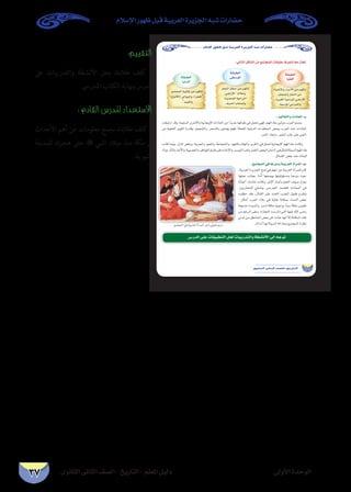 ‫الثانوى‬ ‫الثانى‬ ‫الصف‬ - ‫التاريخ‬ - ‫املعلم‬ ‫دليل‬ ‫األولى‬ ‫الوحدة‬
‫اإلسالم‬ ‫ظهور‬ ‫قبل‬ ‫العربية‬ ‫اجلزيرة‬ ‫شبه‬ ‫حضارات‬
37
:‫التقييم‬
‫عىل‬ ‫والتدريبات‬ ‫األنشطة‬ ‫بحل‬ ‫طالبك‬ ‫كلف‬ -
.‫املدرىس‬ ‫الكتاب‬ ‫بنهاية‬ ‫الدرس‬
: ‫القادم‬ ‫للدرس‬ ‫االستعداد‬
‫األحداث‬ ‫أهم‬ ‫عن‬ ‫معلومات‬ ‫بجمع‬ ‫طالبك‬ ‫كلف‬ -
‫للمدينة‬ ‫ته‬‫ر‬‫هج‬ ‫حتى‬  ‫النبي‬ ‫ميالد‬ ‫منذ‬ ‫مكة‬ ‫يف‬
.‫النبوية‬
…ƒfÉãdG ÊÉãdG ∞°ü∏d-ïjQÉàdG
ΩÓ°SE’G Qƒ¡X πÑb á«Hô©dG Iôjõ÷G ¬Ñ°T äGQÉ°†M
QÉéàdG QÉ¨°U øe ¿ƒµàJ
»°VGQC’G ∑Óeh
IOhóëªdG á«YGQõdG
.±ôëdG ÜÉë°UCGh
á≤Ñ£dG
≈£°SƒdG
™ªàéªdG á«ÑdÉZ øe ¿ƒµàJ
(´ÉÑJC’G) »dGƒªdGh AGô≤ØdG
.ó«Ñ©dGh
á≤Ñ£dG
É«fódG
: ó«dÉ≤àdGh äGOÉ©dG-Ü
:™ªàéªdG »a ÉgQhOh á«Hô©dG ICGôªdG-`L
¢SQódG ≈∏Y äÉ≤«Ñ£àdG πëd äÉÑjQóàdGh á£°ûfC’G ≈dEG ¬LƒJ
:»dÉàdG πµ°ûdG øe ™ªàéªdG äÉ≤ÑW ±ô©àf Ék©e ∫É©J
AÉ«æZC’Gh QGôMC’G øe ¿ƒµàJ
ÜÉë°UCGh QÉéàdG øe
, Iô«ÑµdG á«YGQõdG »°VGQC’G
.á©°SGƒdG »YGôªdGh
á≤Ñ£dG
É«∏©dG
 