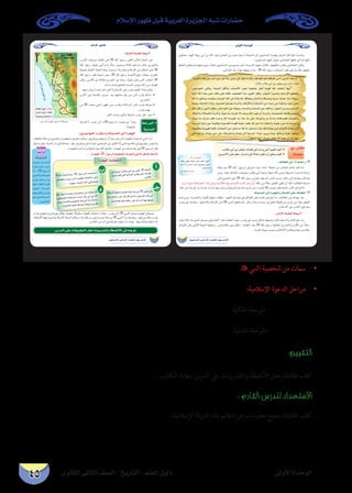 ‫الثانوى‬ ‫الثانى‬ ‫الصف‬ - ‫التاريخ‬ - ‫املعلم‬ ‫دليل‬ ‫األولى‬ ‫الوحدة‬
‫اإلسالم‬ ‫ظهور‬ ‫قبل‬ ‫العربية‬ ‫اجلزيرة‬ ‫شبه‬ ‫حضارات‬
45
. • 	 ‫النبي‬ ‫شخصية‬ ‫من‬ ‫سامت‬
• 	:‫اإلسالمية‬ ‫الدعوة‬ ‫مراحل‬
‫املكية‬ ‫املرحلة‬ -
.‫املدنية‬ ‫-املرحلة‬
:‫التقييم‬
. ‫الكتاب‬ ‫بنهاية‬ ‫الدرس‬ ‫عىل‬ ‫والتدريبات‬ ‫األنشطة‬ ‫بحل‬ ‫طالبك‬ ‫كلف‬ -
: ‫القادم‬ ‫للدرس‬ ‫االستعداد‬
.‫اإلسالمية‬ ‫لة‬‫و‬‫الد‬ ‫بناء‬ ‫دعائم‬ ‫عن‬ ‫معلومات‬ ‫بجمع‬ ‫طالبك‬ ‫كلف‬ -
¤hC’G IóMƒdG
…ƒfÉãdG ÊÉãdG ∞°ü∏d-ïjQÉàdG
À
?ºeC’G √òg øe óMCG øjO »a ’h ,»æjO »a Gƒ∏NóJ ºdh ,ºµeƒb ¬«a ºàbQÉa …òdG øjódG Gòg Ée
,¢ûMGƒØdG »JCÉfh ,áà«ªdG πcCÉfh ,ΩÉæ°UC’G óÑ©f á«∏gÉL π``gCG Ékeƒb Éæc ,∂∏ªdG É¡jCG
Éæ«dEG ˆG å©H ≈àM ∂dP ≈∏Y Éæµa ,∞«©°†dG Éæe iƒ≤dG πcCÉj ,QGƒédG A≈°ùfh ,ΩÉ``MQC’G ™£≤fh
Éæc Ée ™∏îfh √óÑ©fh √ó qpMƒæd ˆG ≈dEG ÉfÉYóa ,¬aÉØYh ¬àfÉeCGh ¬bó°Uh ¬Ñ°ùf ±ô©f ,Éæe k’ƒ°SQ
á∏°Uh ,áfÉeC’G AGOCGh ,åjóëdG ¥ó°üH ÉfôeCGh ,¿ÉKhC’Gh IQÉéëdG øe ¬fhO øe ÉfDhÉHBGh óÑ©f øëf
∫Ée πcCGh ,QhõdG ∫ƒbh ,¢ûMGƒØdG øY ÉfÉ¡fh ,AÉeódGh ΩQÉëªdG øY ∞µdGh ,QGƒédG ø°ùMh ,ºMôdG
,IÉcõdGh ,IÓ°üdÉH ÉfôeCGh ,ÉkÄ«°T ¬H ∑ô°ûf ’ √óMh ˆG óÑ©f ¿CG ÉfôeCGh ,áæ°üëªdG ±òbh º«à«dG
,ÉkÄ«°T ¬H ∑ô°ûf º∏a √ó``Mh ˆG ÉfóÑ©a ,¬H AÉL Ée ≈∏Y √Éæ©ÑJGh ¬H É``qnæ``eBGh √Éæbó°üa ,ΩÉ«°üdGh
ÉfhOô«d ÉææjO øY Éfƒæàah ÉfƒHò©a Éæeƒb Éæ«∏Y Gó©a ,Éæd πMCG Ée Éæ∏∏MCGh ,Éæ«∏Y ΩôM Ée ÉæeôMh
Éfƒª∏Xh Éfhô¡b Éª∏a ,åFÉÑîdG øe πëà°ùf Éæc Ée πëà°ùf ¿CGh ,ˆG IOÉÑY øe ¿ÉKhC’G IOÉÑY ≈dEG
»a ÉæÑZQh ,∑Gƒ°S øe ≈∏Y ∑ÉfôàNGh ∑ó∏H ≈dEG ÉæLôN ;ÉææjO ø«Hh Éææ«H GƒdÉMh Éæ«∏Y Gƒqo≤°Th
.∂∏ªdG É¡jCG ,∑óæY º∏¶f ’CG ÉfƒLQh ,∑QGƒL
.ÖdÉW »HCG øH ôØ©L äÉª∏c »a äOQh »àdG º«≤dG ºgCG
.øjôNB’G ≈∏Y mºµM QGó°UEG »a k’OÉY ¿ƒµJ ¿CG øµªj ∞«c
™e ¢ûbÉf
∂ª∏©e
:∞FÉ£dG ≈dEG rÀ ¬à∏MQ
À
À
À
:áæjóªdG ≈dEG Iôé¡dGh πFÉÑ≤dG ≈∏Y ±Gƒ£dG r
À
: ≈dhC’G áÑ≤©dG á©«Hw
À
ˆG ≈dEG Aƒé∏dG
á∏bh »Jƒb ∞©°V ∂«dEG ƒµ°TCG º¡∏dG
ºMQCG É``j ¢``SÉ``æ``dG ≈``∏``Y »``fGƒ``gh ,»à∏«M
...ø«ªMGôdG
»fGôÑ£dG ¬LôNCG
…ƒfÉãdG ÊÉãdG ∞°ü∏d-ïjQÉàdG
ΩÓ°SE’G Qƒ¡X
w: á«fÉãdG áÑ≤©dG á©«H
À
À
À
À
À
À á∏MôªdG-2
á«fóªdG
:øjôLÉ¡ªdG QGô≤à°SGh áæjóªdG ≈dEG Iôé¡dG
À
... Iôé¡∏d À∫ƒ°SôdG §«£îJ ±ô©ààd »dÉàdG πµ°ûdG ßM’
óÑY É¡æe √Oó©àe äÉ«°üî°T øe IOÉØà°S’G
,ø«cô°ûªdG äÉcôëJ ó°Uôd ôµH »HCG øH ˆG
óÑYh,OGóeE’Ghπjƒªà∏dôµH»HCGâæHAÉª°SCGh
. AGôë°üdG ¥ôW áaô©ªd §≤jQCG øH ˆG
O
Iôé¡∏d §«£îàdG
CG»a ΩÉ``æ``«``d Ö``dÉ``W »```HCG ø``H »``∏``Y À QÉ``à``NG
¬jódâfÉc»àdG™FGOƒdG…ODƒj≈àM¬°TGôa
.¢SÉæ∏d
`Lâ«H≈dEGÉk¡éàeIôé¡dG¬∏«d¬à«HøeÀ»ÑædGêôN
ºK ø«à∏MGQ ó``YCG ób ¿É``c …ò``dGh ,≥jó°üdG ôµH »``HCG
.ΩÉjCGáKÓK¬«aÉeÉbCGh,QƒKQÉZ≈dEGÉª¡HÉ¡LƒJ
À
À
¢SQódG ≈∏Y äÉ≤«Ñ£àdG πëd äÉÑjQóàdGh á£°ûfC’G ≈dEG ¬LƒJ
ÜÉkbôW ¬``Ñ``MÉ``°``Uh À ∫ƒ```°```Sô```dG Ωó``î``à``°``SG
π«∏°†àd Üô``ã``j ≈```dEG Iôé¡∏d ¬``aƒ``dCÉ``e ô``«``Z
. Éª¡æY åëÑdG AÉæKCG ø«cô°ûªdG
áæjóªdG
À
‫ﻣﻌﻠﻮﻣﺔ‬
‫ﺇﺛﺮﺍﺋﻴﺔ‬
 
