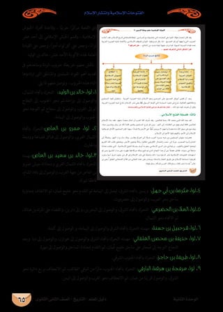 ‫الثانوى‬ ‫الثانى‬ ‫الصف‬ - ‫التاريخ‬ - ‫املعلم‬ ‫دليل‬ ‫الثانية‬ ‫الوحدة‬
‫اإلسالم‬ ‫وانتشار‬ ‫اإلسالمية‬ ‫الفتوحات‬
65
‫اجليوش‬ ‫حترك‬ ‫وقاعدة‬ ، ‫ا‬ً‫حربي‬ ‫ا‬ً‫كز‬‫مر‬ ‫القصة‬ ‫ذي‬
‫عرش‬ ‫أحد‬ ‫إىل‬ ‫اإلسالمي‬ ‫اجليش‬ ‫وقسم‬ ، ‫اإلسالمية‬
‫القيادة‬ ‫عىل‬ ‫وجعل‬ ،‫ا‬ً‫ري‬‫أم‬ ‫لواء‬ ‫كل‬ ‫عىل‬ ‫وجعل‬ ،‫ا‬ً‫ء‬‫لوا‬
.‫ليد‬‫و‬‫ال‬ ‫بن‬ ‫خالد‬ ،‫عرش‬ ‫األحد‬ ‫األلوية‬ ‫هلذه‬ ‫العامة‬
‫ىف‬ ‫وساعدهم‬ ‫الردة‬ ‫حروب‬ ‫خريطة‬ ‫معهم‬ ‫ناقش‬ -
‫ارتادوها‬ ‫التى‬ ‫واملناطق‬ ‫املسلمني‬ ‫القواد‬ ‫أهم‬ ‫حتديد‬
:‫يىل‬ ‫ملا‬ ‫معهم‬ ‫وتوصل‬ ، ‫احلروب‬ ‫هذه‬ ‫اثناء‬
،‫الشامل‬‫باجتاه‬‫التحرك‬ :‫الوليد‬ ‫بن‬ ‫خالد‬ ‫لواء‬ .1
‫البطاح‬ ‫إىل‬ ‫اجلنوب‬ ‫نحو‬ ‫بزاخة،ثم‬ ‫إىل‬ ‫والوصول‬
‫نحو‬ ‫التوجه‬ ‫ثم‬ ‫سجاح‬ ‫إىل‬ ‫والوصول‬ ‫الغرب‬ ‫إىل‬ ‫ثم‬
. ‫الياممة‬ ‫إىل‬ ‫والوصول‬ ‫اجلنوب‬
‫باجتاه‬ ‫التحرك‬:‫العاص‬ ‫بن‬ ‫عمرو‬ ‫لواء‬ .2
‫ووديعة‬ ‫قضاعة‬ ‫قبائل‬ ‫إىل‬ ‫والوصول‬ ،‫الغريب‬ ‫الشامل‬
.‫واحلارث‬
‫مهمته‬:‫العاص‬ ‫بن‬ ‫سعيد‬ ‫بن‬ ‫خالد‬ ‫3.لواء‬
‫عمرو‬ ‫جيش‬ ‫ومبحاذاة‬ ‫الغريب‬ ‫الشامل‬ ‫باجتاه‬ ‫التحرك‬
،‫الشام‬‫بالد‬‫إىل‬‫والوصول‬،‫الغرب‬‫جهة‬‫من‬‫العاص‬‫بن‬
.‫تبوك‬ ‫ا‬ً‫ع‬‫قاط‬
‫مبجاورة‬ ‫االلتفاف‬ ‫ثم‬ ،‫امن‬ُ‫ع‬ ‫خليج‬ ‫نحو‬ ‫التقدم‬ ‫ثم‬ ‫الياممة‬ ‫إىل‬ ‫ليصل‬ ،‫الرشق‬ ‫باجتاه‬ ‫ويسري‬ :‫جهل‬ ‫أبي‬ ‫بن‬ ‫عكرمة‬ ‫4.لواء‬
.‫حرضموت‬ ‫إىل‬ ‫والوصول‬ ،‫العرب‬ ‫بحر‬ ‫ساحل‬
،‫هناك‬ ‫تدين‬‫ر‬‫امل‬ ‫عىل‬ ‫والقضاء‬ ،‫دارين‬ ‫وإىل‬ ،‫البحرين‬ ‫إىل‬ ‫والوصول‬ ،‫الرشق‬ ‫باجتاه‬ ‫التحرك‬ :‫احلضرمي‬ ‫بن‬ ‫العالء‬ ‫5.لواء‬
.‫الشامل‬ ‫نحو‬ ‫االجتاه‬ ‫ثم‬
.‫كندة‬ ‫إىل‬ ‫الوصول‬ ‫و‬ ،‫الياممة‬ ‫إىل‬ ‫والوصول‬ ‫الرشق‬ ‫باجتاه‬ ‫التحرك‬ ‫مهمته‬ :‫حسنة‬ ‫بن‬ ‫شرحبيل‬ ‫6.لواء‬
‫وبعد‬ .‫دبا‬ ‫إىل‬ ‫والوصول‬ ،‫هوازن‬ ‫إىل‬ ‫والوصول‬ ‫الرشق‬ ‫باجتاه‬ ‫التحرك‬ ‫مهمته‬ :‫الغلفاني‬ ‫محصن‬ ‫بن‬ ‫حذيفة‬ ‫7.لواء‬
.‫مهرة‬ ‫إىل‬ ‫والوصول‬ ‫الساحل‬ ‫مبحاذاة‬ ‫التقدم‬ ‫ثم‬ ،‫امن‬ُ‫ع‬ ‫خليج‬ ‫ساحل‬ ‫عىل‬ ‫حار‬ ُ‫ص‬ ‫إىل‬ ‫التوجه‬ ‫النجاح‬
.‫الرشقي‬ ‫اجلنوب‬ ‫باجتاه‬ ‫التحرك‬ :‫حاجز‬ ‫بن‬ ‫طريفة‬ ‫8.لواء‬
‫نحو‬ ‫دائرة‬ ‫بربع‬ ‫االنعطاف‬ ‫ثم‬ ،‫الطائف‬ ‫رشقي‬ ‫من‬ ‫ا‬ً‫مار‬ ،‫اجلنوب‬ ‫باجتاه‬ ‫التحرك‬ :‫البارقي‬ ‫هرمثة‬ ‫بن‬ ‫عرفجة‬ ‫لواء‬ .9
.‫اليمن‬ ‫إىل‬ ‫والوصول‬ ‫الغرب‬ ‫نحو‬ ‫االنعطاف‬ ‫ثم‬ ،‫عامن‬ ‫من‬ ‫ا‬ً‫قريب‬ ‫والوصول‬ ،‫الرشق‬
À »ÑædG IÉah Ö≤Y á«eÓ°SE’G ádhódG
…ƒfÉãdG ÊÉãdG ∞°ü∏d-ïjQÉàdG

? É¡aô©J πg
...É¡ªgCG ±ô©ààd »dÉàdG πµ°ûdG CGôbG
‫ﷺ‬
.¬FOÉÑe ºgCGh »eÓ°SE’G íàØdG »YGhO ±ô©àf Ék©e ∫É©J
. »eÓ°SE’G íàØdG áØ°ù∏a :ÉkãdÉK
À


IOôdG ÜhôM èFÉàf
IóMh IOÉYEG -1
á«Hô©dG πFÉÑ≤dG
,ΩÓ°SE’G ájGQ âëJ
¢Tƒ«édG øjƒµJh
.á«eÓ°SE’G
ÜhôM âë°VhCG -2
≈HCG IQób IOôdG
≈∏Y ≥jó°üdG ôµH
RhôHh ,ádhódG IOÉ«b
πãe IOÉ≤dG ¢†©H
.ó«dƒdG øH ódÉN
á°UôØdG áMÉJEG -3
áq«eÓ°SE’G äGqƒ≤∏d
»a ∑Gôà°T’G
äqOCG Iô«Ñc ∑QÉ©e
™e Égó«MƒJ ≈dEG
.É¡°†©H
¥Ó£fG -4
áq«eÓ°SE’G ¢Tƒ« qédG
Iôjõ qédG ¬Ñ°T êQÉN
ádÉ°SQ ô°ûæd áq«Hô©dG
IƒYódGh ΩÓ°SE’G
.¬«dEG
 