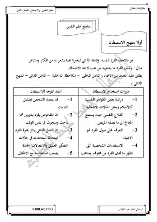 مذكرات الجمال علم النفس والاجتماع الصف الثانى 
مناهج علم النفس 
أولا منهج الاستبطان 
هو ملاحظة الفرد لنفسه وتامله الذاتى ليخبرنا عما يشعر به من افكار ومشاعر 
مثال : وصف الفرد ما يشعربه من تعب لاحد الاصدقاء 
يطلق عليه العديد من الاسماء ) التامل الباطنى - الملاحظة الداخلية - التامل الذاتى – المنهج 
الذاتى ( 
مبررات استخدام الاستبطان النقد الموجه للااستبطان 
-5 دراسة بعض الظواهر النفسية 
كالأحلام وبعض الحالات الانفعالية 
-0 العلاج النفسى حيث يستمع 
المعالج الى ما يصفه المريض 
-0 التعرف على ميول الفرد نحو 
الاشياء 
-4 الاستفتاءات الشخصية التى 
تظهر ما لدى الفرد من مخاوف ومتاعب 
-5 قد يتعمد الشخص تضليل 
الباحث 
-0 ان المفحوص يقوم بدورين هما 
باحث ومبحوث فى نفس الوقت 
-0 ان التامل الذاتى يتاثر بخبرة الفرد 
-4 استحالة استخدامه فى حالات 
التفكير العميق والانفعالات الحادة 
-1 يصعب استخدامه مع الاطفال 
أ/ جمال احمد عبد المطلب 25220400110 
 