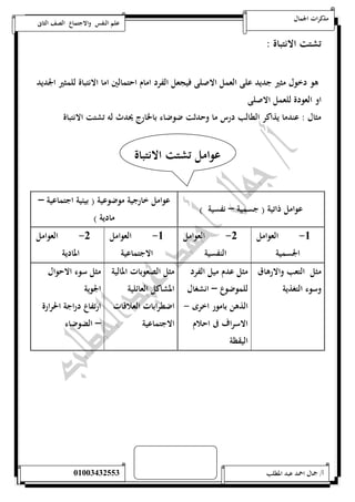 مذكرات الجمال علم النفس والاجتماع الصف الثانى 
تشتت الانتباة : 
هو دخول مثير جديد على العمل الاصلى فيجعل الفرد امام احتمالين اما الانتباة للمثير الجديد 
او العودة للعمل الاصلى 
مثال : عندما يذاكر الطالب درس ما وحدثت ضوضاء بالخارج يحدث له تشتت الانتباة 
عوامل تشتت الانتباة 
عوامل ذاتية ) جسمية – نفسية ( عوامل خارجية موضوعية ) بيئية اجتماعية – 
مادية ( 
-5 العوامل 
الجسمية 
-0 العوامل 
النفسية 
-5 العوامل 
الاجتماعية 
-0 العوامل 
المادية 
مثل التعب والارهاق 
وسوء التغذية 
مثل عدم ميل الفرد 
للموضوع – انشغال 
الذهن بامور اخرى - 
الاسراف فى احلام 
اليقظة 
مثل الصعوبات المالية 
المشاكل العائلية 
اضطرابات العلاقات 
الاجتماعية 
مثل سوء الاحوال 
الجوية 
ارتفاع دراجة الحرارة 
– الضوضاء 
أ/ جمال احمد عبد المطلب 25220400110 
 