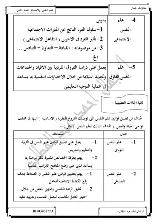 مذكرات الجمال علم النفس والاجتماع الصف الثانى 
-4 علم 
النفس 
الاجتماعى 
يدرس 
-5 سلوك الفرد الناتج عن المثيرات الاجتماعية 
-0 تأثير الفرد فى الاخرين ) التفاعل الاجتماعى ( 
-0 من موضوعاته : القيادة – التعاون – التنافس ... 
الخ 
-1 علم 
النفس الفارق 
يعمل على دراسة الفروق الفردية بين الافراد والجماعات 
وتحديد اسبابها من خلال الاختبارات النفسية بما يساعد 
فى عملية التوجيه التعليمى 
ثانيا المجلات التطبيقية : 
تهدف الى تطبيق قوانين علم النفس التى توصلت الفروع النظرية ) الاساسية ( اليها فى مختلف 
نواحى الحياة والعمل ) الهدف الثالث لعلم النفس ( مثل : - 
المجال اهتماماته 
-5 علم النفس 
التربوى 
-5 يعمل على تطبيق ق وانين علم النفس فى التربية 
والتعليم والتدريس 
-0 يهتم بمعرفة الخصائص المميزة لكل مرحلة بما 
يساعد المربى على وضع المناهج الدراسية المناسبة 
-0 علم النفس 
الصناعى 
-5 يهتم بتطبيق قوانين علم النفس فى الصناعة بهدف 
رفع الكفاءة الانتاجية للعامل 
-0 تحقيق الرضا النفسى والمهنى للعامل من خلال 
اختيار العامل المناسب للعمل المناسب وتدريبه عليه 
أ/ جمال احمد عبد المطلب 25220400110 
 