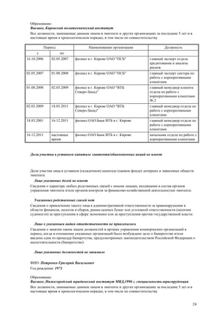 24
Образование:
Высшее, Кировский политехнический институт
Все должности, занимаемые данным лицом в эмитенте и других организациях за последние 5 лет и в
настоящее время в хронологическом порядке, в том числе по совместительству
Период Наименование организации Должность
с по
16.10.2006 02.05.2007 филиал в г. Кирове ОАО "ПСБ" главный эксперт отдела
кредитования и анализа
рисков
02.05.2007 01.08.2008 филиал в г. Кирове ОАО "ПСБ" главный эксперт сектора по
работе с корпоративными
клиентами
01.08.2008 02.03.2009 филиал в г. Кирове ОАО "ВТБ
Северо-Запад"
главный менеджер клиента
отдела по работе с
корпоративными клиентами
№ 2
02.03.2009 18.03.2011 филиал в г. Кирове ОАО "ВТБ
Северо-Запад"
главный менеджер отдела по
работе с корпоративными
клиентами
18.03.2001 16.12.2011 филиал ОАО Банк ВТБ в г. Кирове главный менеджер отдела по
работе с корпоративными
клиентами
16.12.2011 настоящее
время
филиал ОАО Банк ВТБ в г. Кирове начальник отдела по работе с
корпоративными клиентами
Доли участия в уставном капитале эмитента/обыкновенных акций не имеет
Доли участия лица в уставном (складочном) капитале (паевом фонде) дочерних и зависимых обществ
эмитента
Лицо указанных долей не имеет
Сведения о характере любых родственных связей с иными лицами, входящими в состав органов
управления эмитента и/или органов контроля за финансово-хозяйственной деятельностью эмитента:
Указанных родственных связей нет
Сведения о привлечении такого лица к административной ответственности за правонарушения в
области финансов, налогов и сборов, рынка ценных бумаг или уголовной ответственности (наличии
судимости) за преступления в сфере экономики или за преступления против государственной власти:
Лицо к указанным видам ответственности не привлекалось
Сведения о занятии таким лицом должностей в органах управления коммерческих организаций в
период, когда в отношении указанных организаций было возбуждено дело о банкротстве и/или
введена одна из процедур банкротства, предусмотренных законодательством Российской Федерации о
несостоятельности (банкротстве):
Лицо указанных должностей не занимало
ФИО: Петренко Григорий Васильевич
Год рождения: 1971
Образование:
Высшее, Нижегородский юридический институт МВД,1996 г. специальность-юриспруденция
Все должности, занимаемые данным лицом в эмитенте и других организациях за последние 5 лет и в
настоящее время в хронологическом порядке, в том числе по совместительству
 