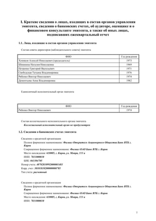 7
I. Краткие сведения о лицах, входящих в состав органов управления
эмитента, сведения о банковских счетах, об аудиторе, оценщике и о
финансовом консультанте эмитента, а также об иных лицах,
подписавших ежеквартальный отчет
1.1. Лица, входящие в состав органов управления эмитента
Состав совета директоров (наблюдательного совета) эмитента
ФИО Год рождения
Хомяков Алексей Николаевич (председатель) 1973
Шишкина Наталия Николаевна 1969
Петренко Григорий Васильевич 1971
Свободская Татьяна Владимировна 1976
Рябенко Виктор Николаевич 1974
Дементьева Анна Владимировна 1982
Единоличный исполнительный орган эмитента
ФИО Год рождения
Рябенко Виктор Николаевич 1974
Состав коллегиального исполнительного органа эмитента
Коллегиальный исполнительный орган не предусмотрен
1.2. Сведения о банковских счетах эмитента
Сведения о кредитной организации
Полное фирменное наименование: Филиал Открытого Акционерного Общества Банк ВТБ г.
Киров
Сокращенное фирменное наименование: Филиал ОАО Банк ВТБ г. Киров
Место нахождения: 610005, г. Киров, ул. Мопра, 113 а
ИНН: 7831000010
БИК: 043304705
Номер счета: 40702810992000001483
Корр. счет: 30101810200000000705
Тип счета: расчетный
Сведения о кредитной организации
Полное фирменное наименование: Филиал Открытого Акционерного Общества Банк ВТБ г.
Киров
Сокращенное фирменное наименование: Филиал ОАО Банк ВТБ г. Киров
Место нахождения: 610005, г. Киров, ул. Мопра, 113 а
ИНН: 7831000010
 