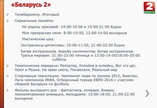  Телебарометр. Итоговый
 Сериальные линейки:
Не родись красивой: 14:00-16:00 и 19:00-21:00 будни
Моя прекрасная няня: 8:00-10:00, 12:00-14:00 выходные
Мистические шоу:
Экстрасенсы-детективы: 10:00-11:00, 21:00-22:00 будни
Битва экстрасенсов. Борьба континентов; Битва экстрасенсов.
Третья мировая: 21:00-23:00 пятница и 13:00-14:00/18:00-20:00
суббота
 Тематические передачи: Репортер, Копейка в копейку, Вот это да!,
Орел и Решка. На краю света, Понаехали, Реальный мир
 Спортивные трансляции: Чемпионат мира по хоккею 2015, Биатлон,
Лига чемпионов УЕФА, Отборочный турнир ЕВРО-2016 с участием
сборной Беларуси по футболу
 Фильмы выходного дня - фантастика, комедия, боевик,
полнометражная анимация, мелодрама: 15:00-18:00, 21:00-23:00
выходные
 