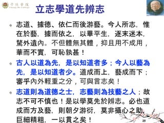 20
立志學道先辨志
志道、據德、依仁而後游藝。今人所志，惟
在於藝，據而依之，以畢平生，逐末迷本，
騖外遺內。不但體無其體，抑且用不成用，
華而不實，可恥孰甚！
古人以道為先，是以知道者多；今人以藝為
先，是以知道者少。道成而上，藝成而下；
審乎內外輕重之分，可與言志矣！
志道則為道德之士，志藝則為技藝之人；故
志不可不慎也！是以學莫先於辨志。必也道
成而方及藝，則朝夕游衍，莫非攝心之助，
巨細精粗，一以貫之矣！
 