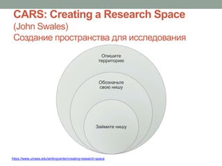 CARS: Creating a Research Space
(John Swales)
Создание пространства для исследования
Опишите
территорию
Обозначьте
свою нишу
Займите нишу
https://www.umass.edu/writingcenter/creating-research-space
 