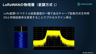 LoRaWANの物理層（変調方式 1）
LoRa変調=スペクトル拡散通信の一種であるチャープ拡散方式を利用
DSと同様拡散率を変更することでプロセスゲイン得る
#LoRa Alliance
 